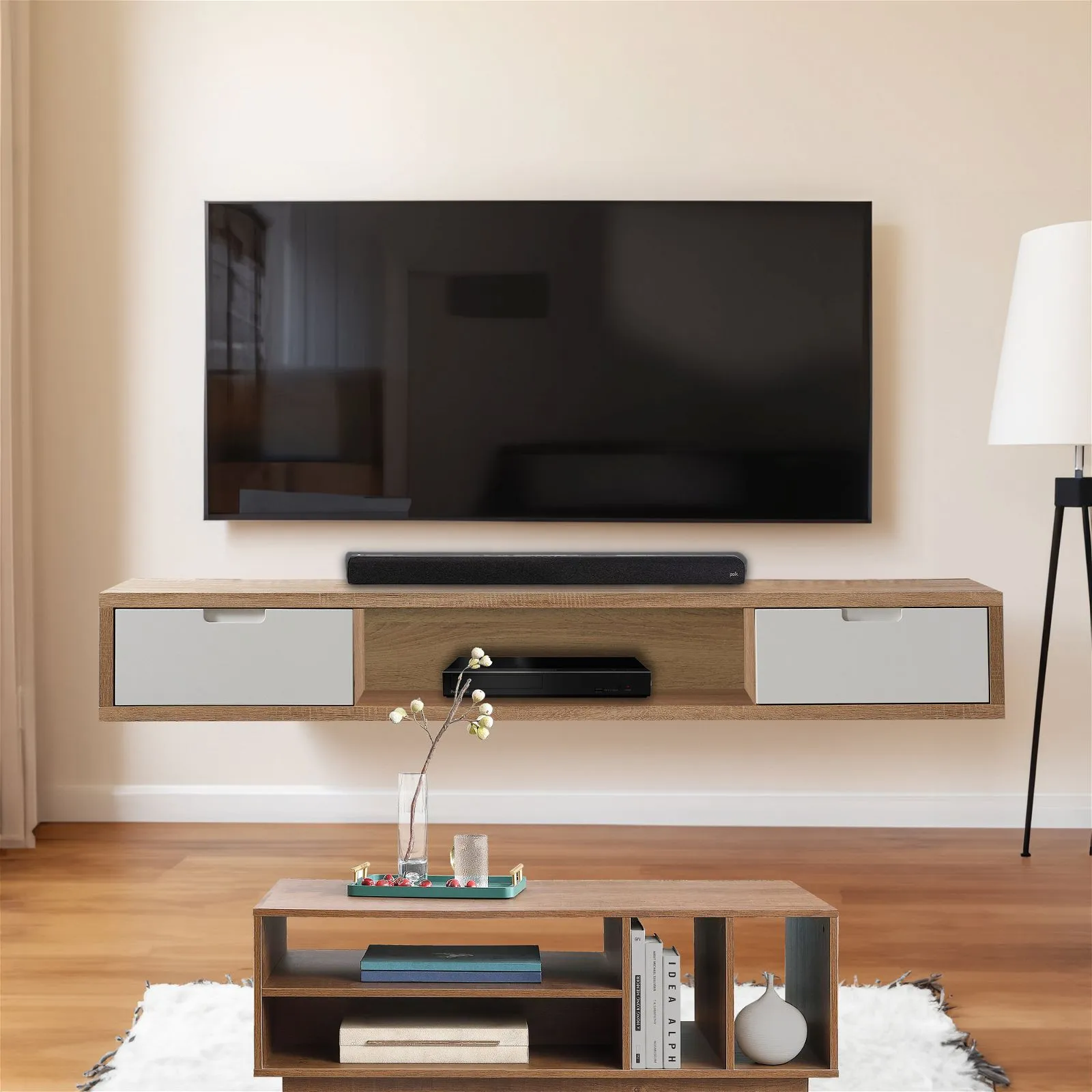 Air Entertainment Cabinet, Wall Mount TV Unit, Entertainment Unit, 2000mm Oak by Criterion