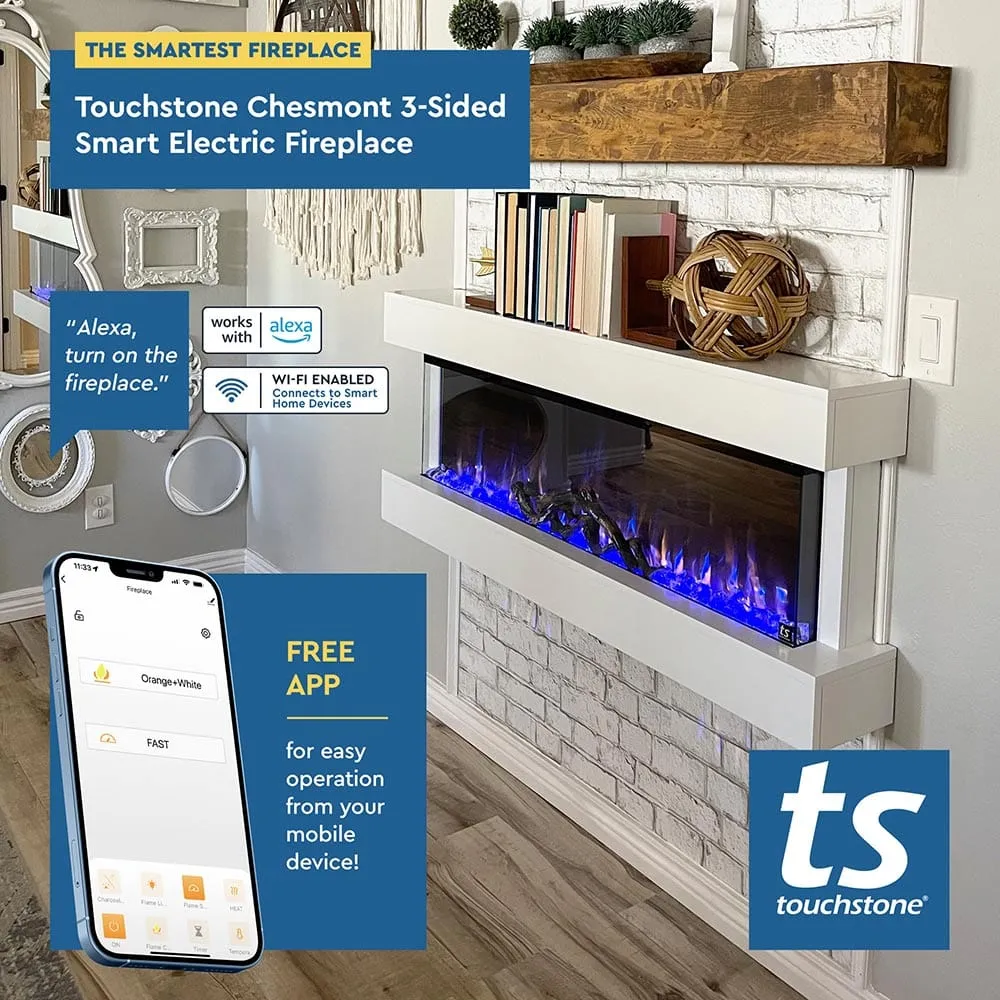 Chesmont White 50 Inch 80033 Wall Mount 3-Sided Smart Floating Electric Fireplace (Alexa/Google Compatible)