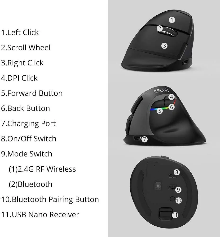 Delux M618 Mini Tri-Mode Optical Ergonomic Mouse