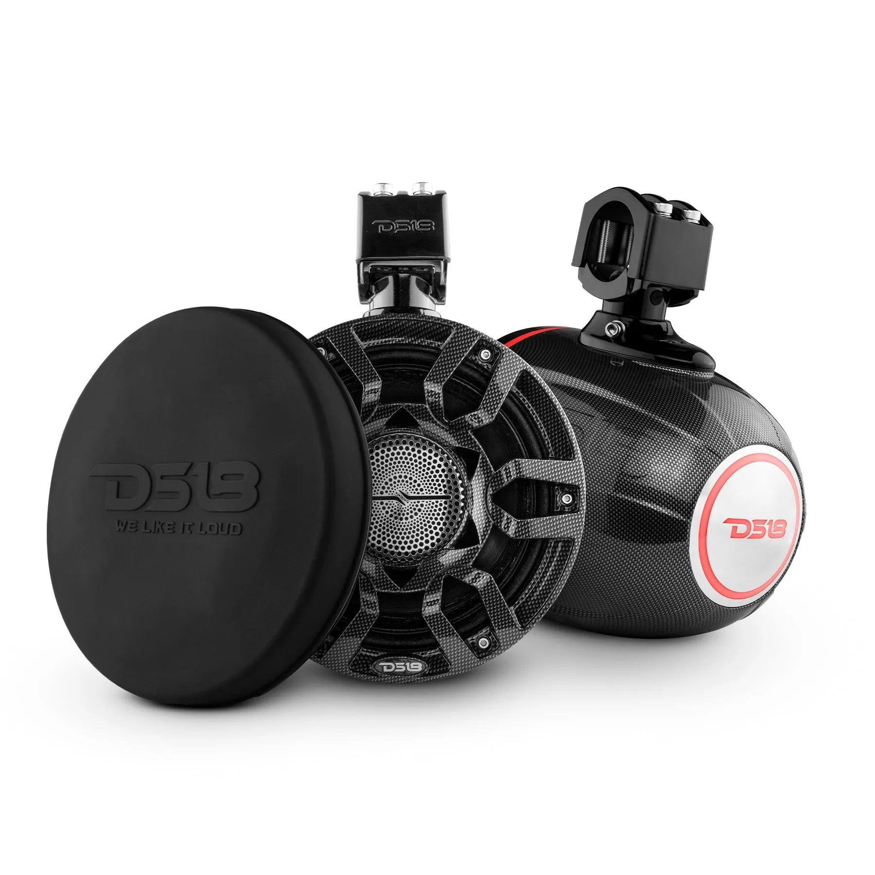 DS18 NXL-X8PRO 8" Compact Wakeboard Tower Speakers with Hybrid Mid-Range, Compression Driver Loudspeaker, RGB LED Lights, 500 Watts, Speaker Cover Included