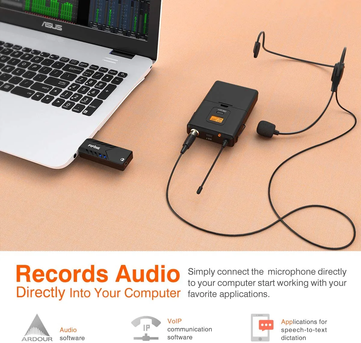 Fifine K031B Wireless USB Microphones for Computers, PC, Mac, USB Receiver, Transmitter, Headset and Clip Lavalier Lapel Mic