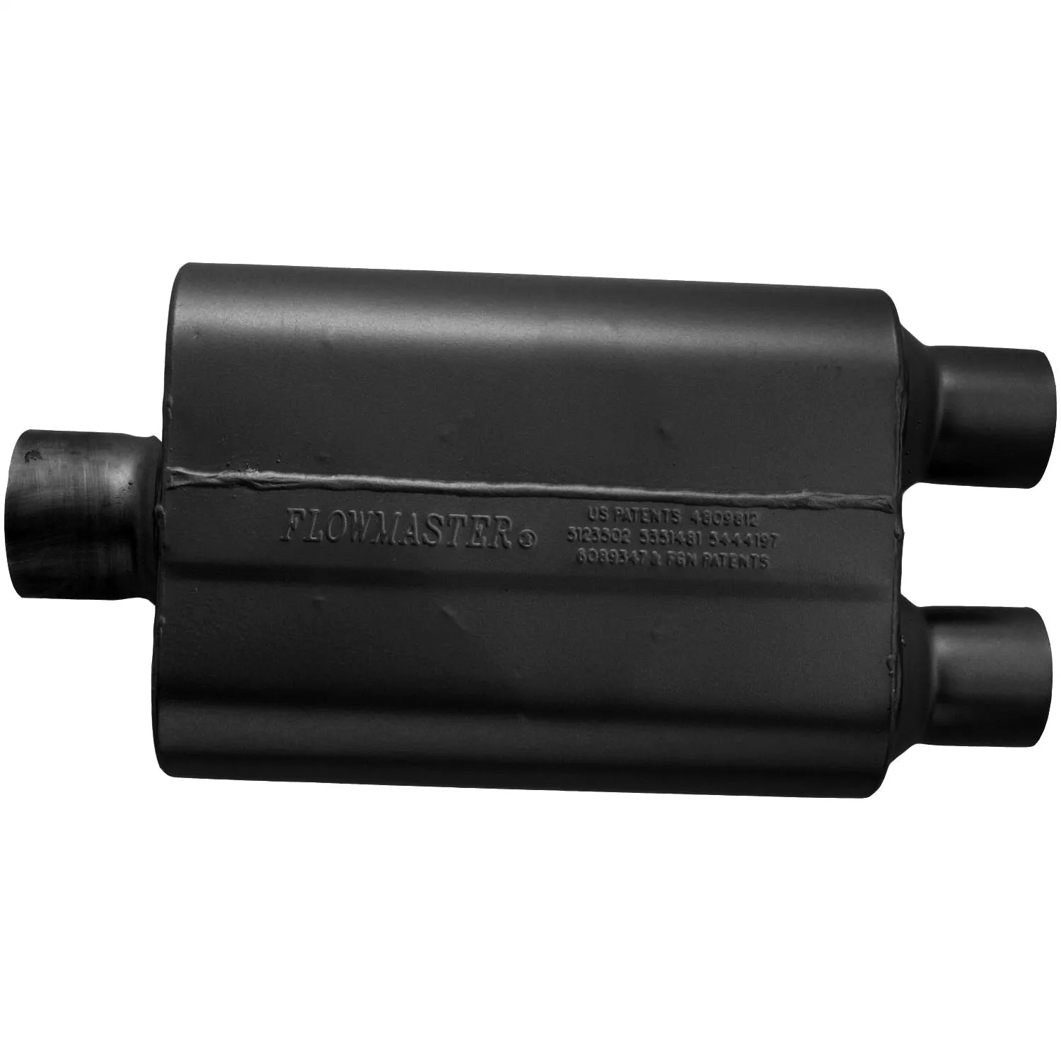 Flowmaster 40 Series Chambered Muffler - 3 in Center Inlet - Dual 2-1/2 in Outlets - 13 x 9-3/4 x 4 in Oval Body - 19 in Long - Black Paint - Universal 80430402