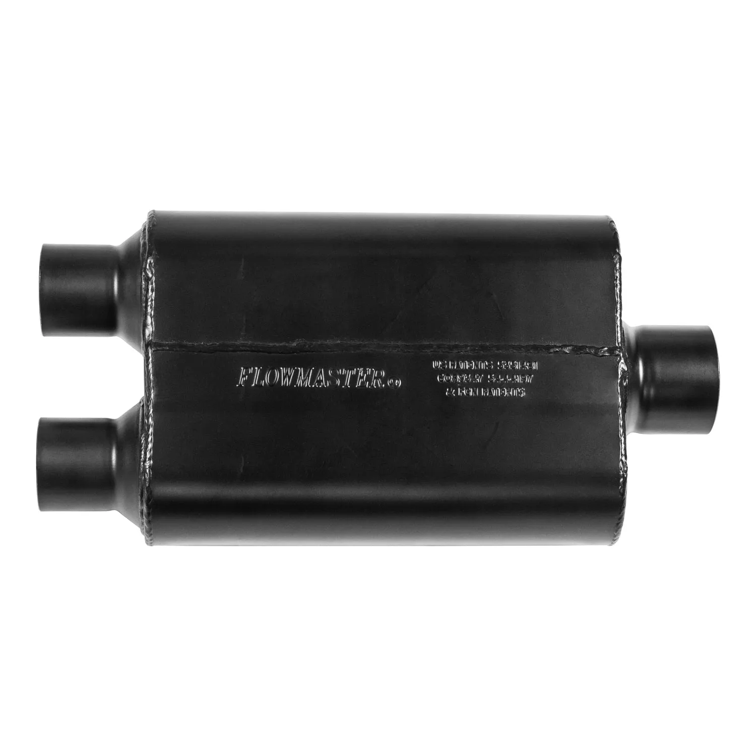 Flowmaster 40 Series Muffler - 2-1/2 in Dual Inlet - 3 in Center Outlet - 13 x 9-3/4 x 4 in Oval Body - 19 in Long - Black Aluminized