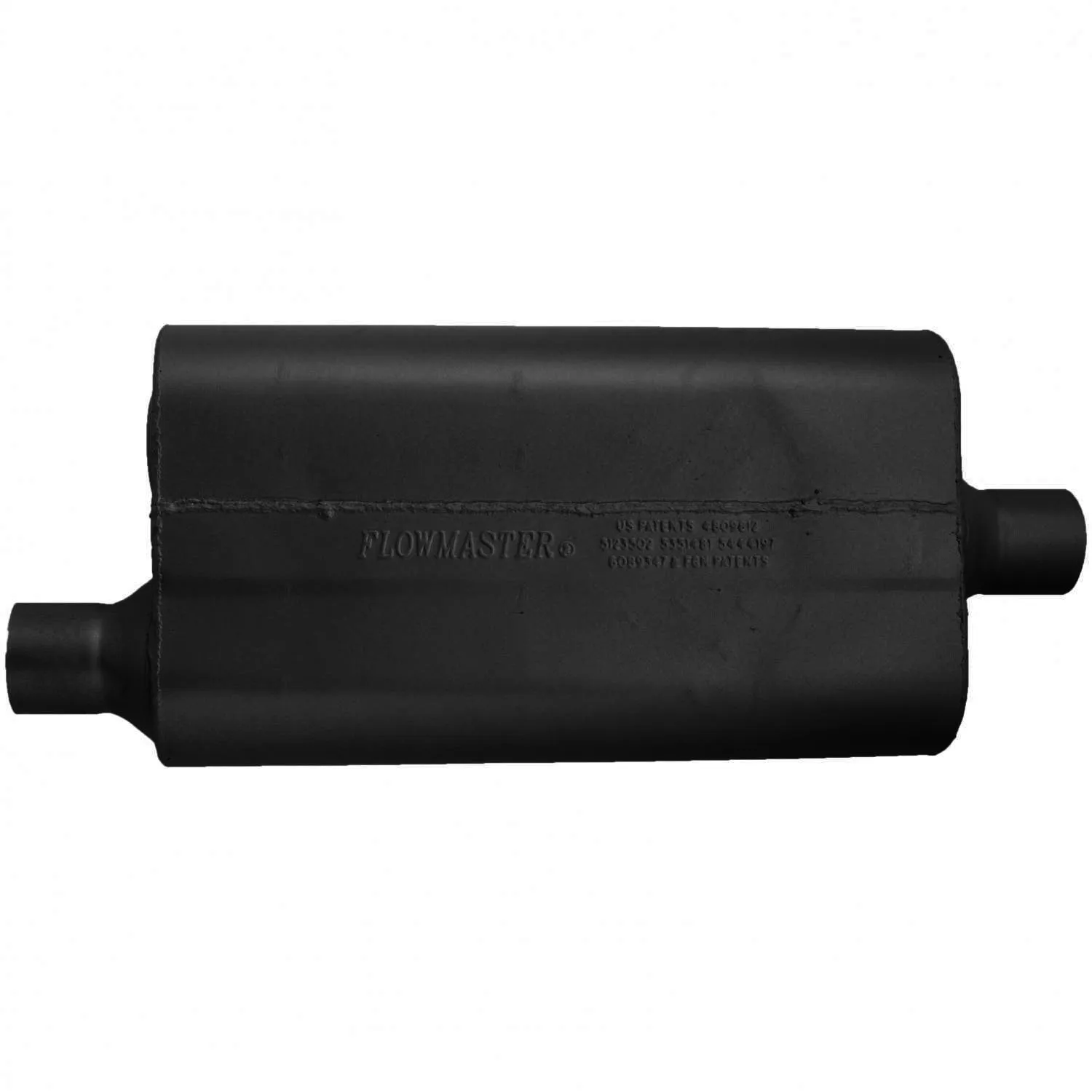 Flowmaster 50 Series Delta Flow Muffler - 2-1/4 in Offset Inlet - 2-1/4 in Center Outlet - 17 x 9-3/4 x 4 in Oval Body - 23 in Long - Black Paint - Universal 942451