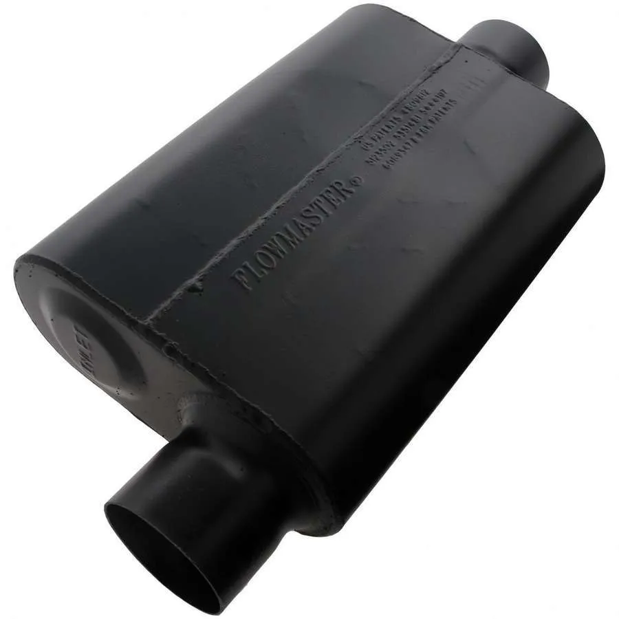 Flowmaster Super 44 Series Chambered Muffler - 3 in Offset Inlet - 3 in Center Outlet - 13 x 9-3/4 x 4 in Oval Body - 19 in Long - Black Paint 943046