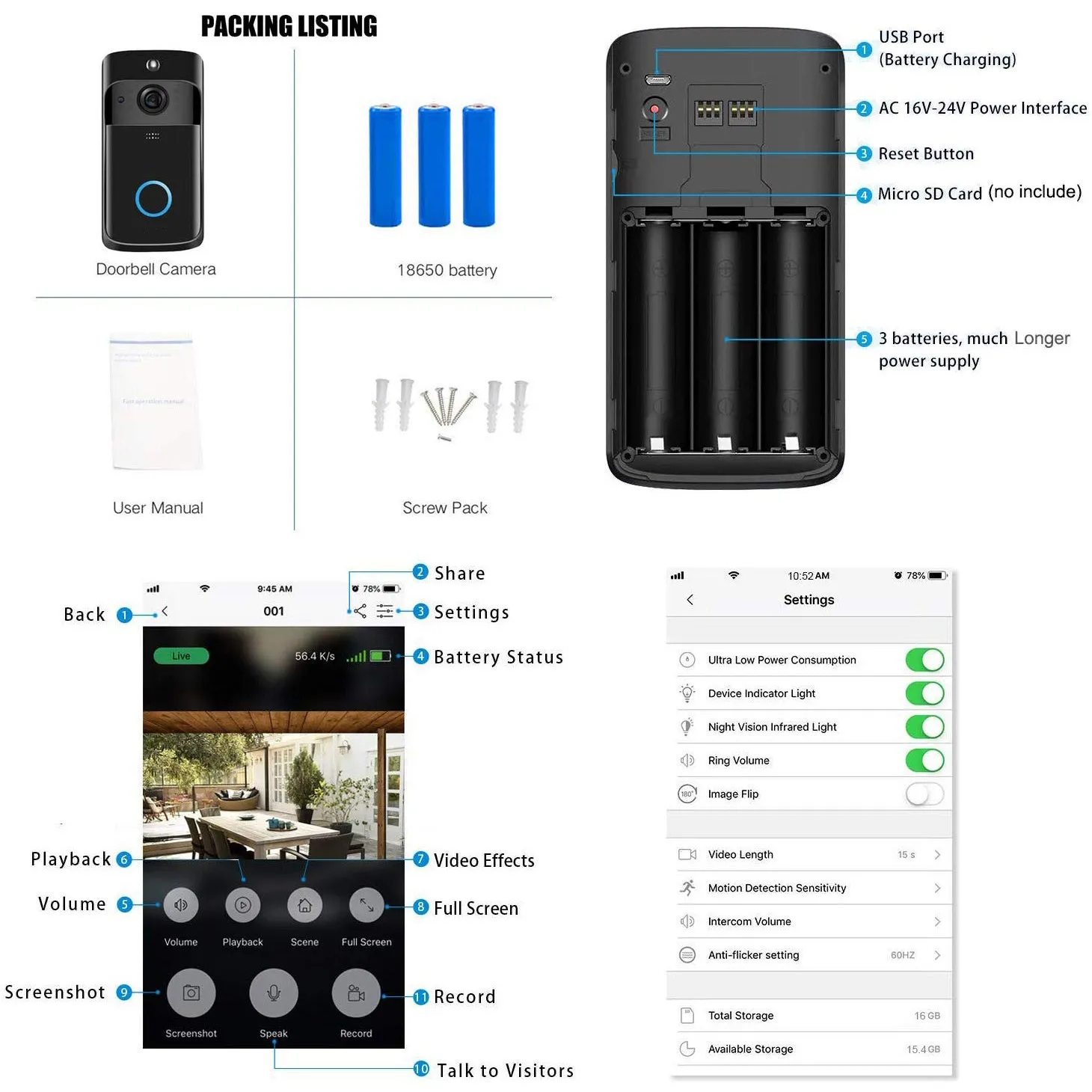 Kartech Wireless Door Bell Camera Smart Intercom Wifi Video Monitor Waterproof
