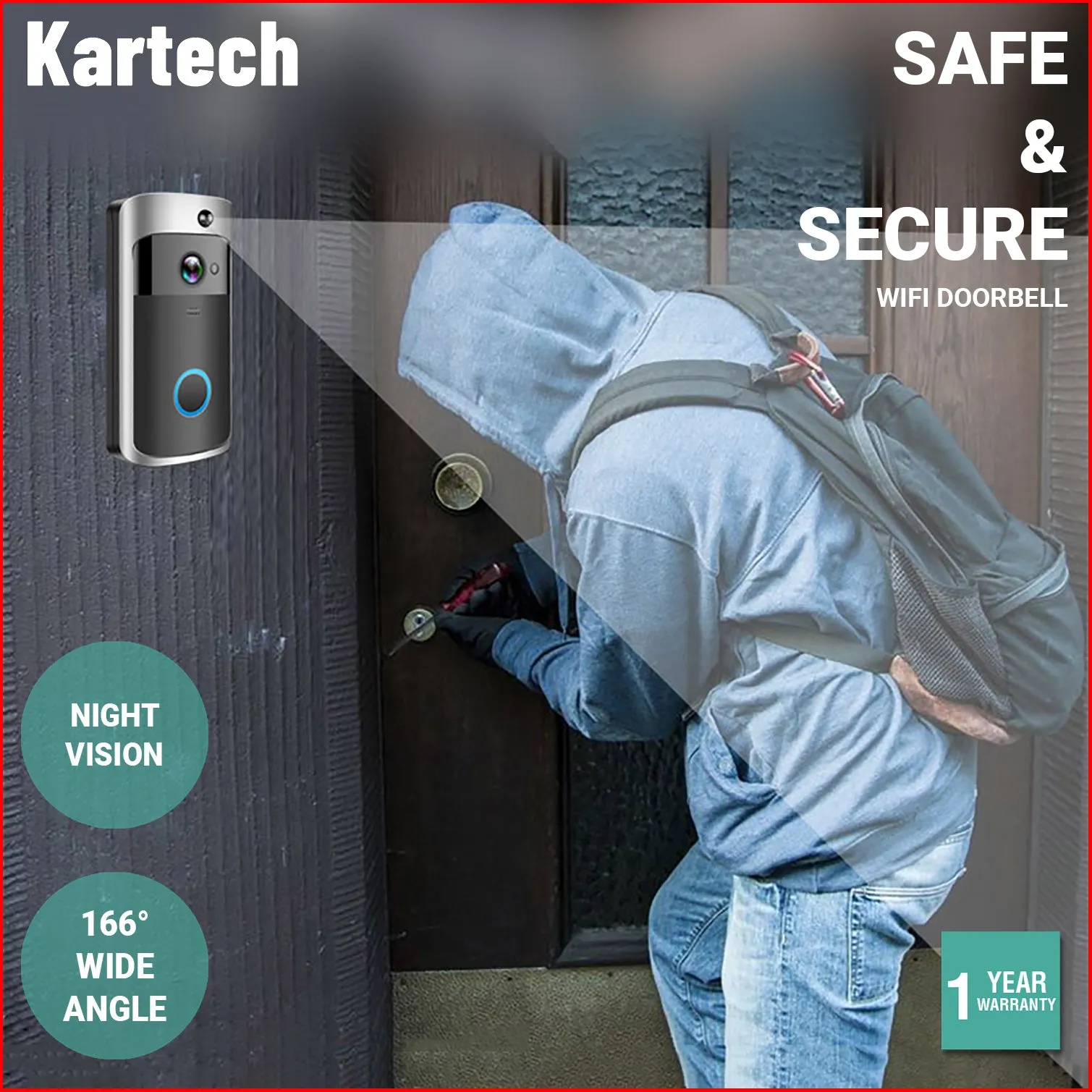 Kartech Wireless Door Bell Camera Smart Intercom Wifi Video Monitor Waterproof