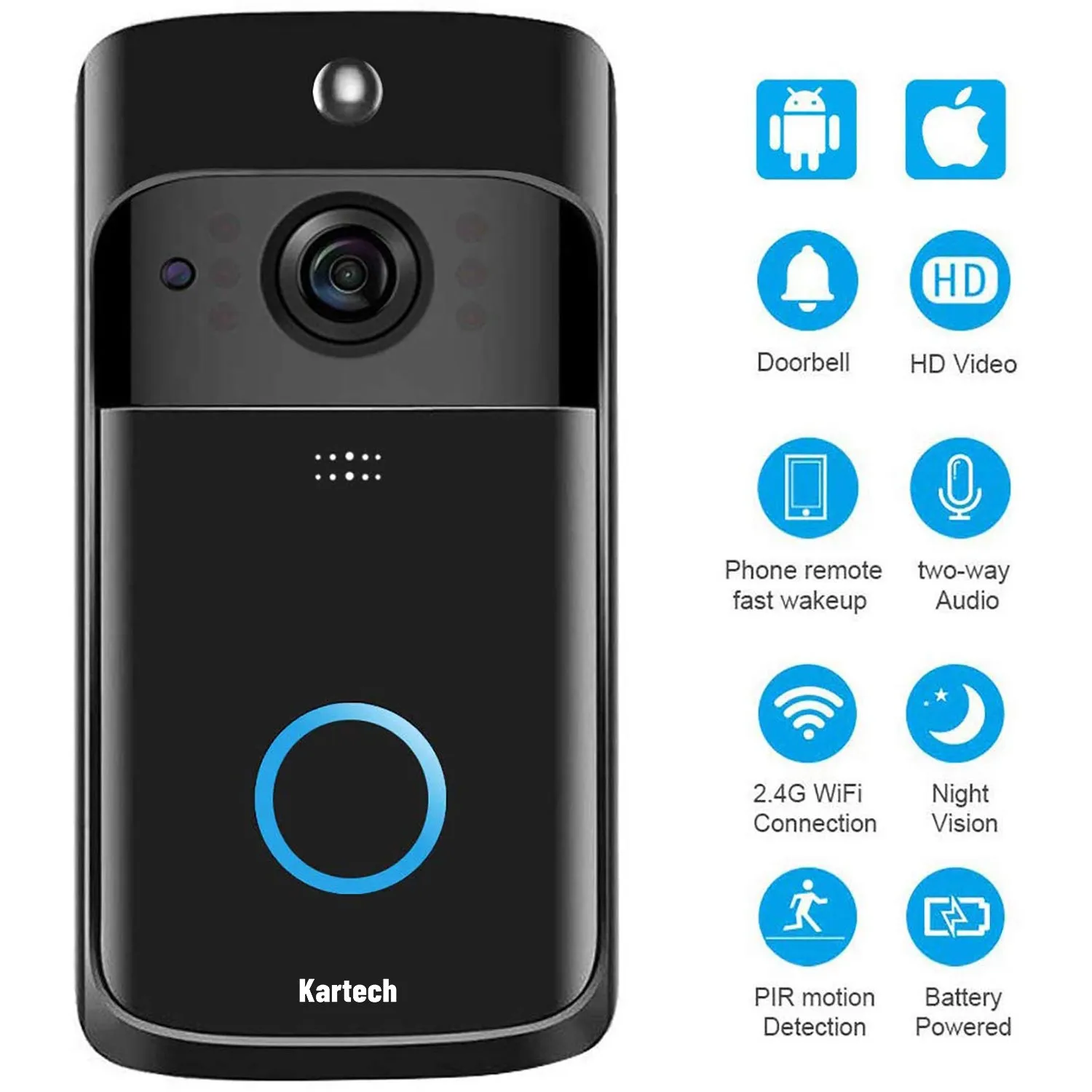 Kartech Wireless Door Bell Camera Smart Intercom Wifi Video Monitor Waterproof