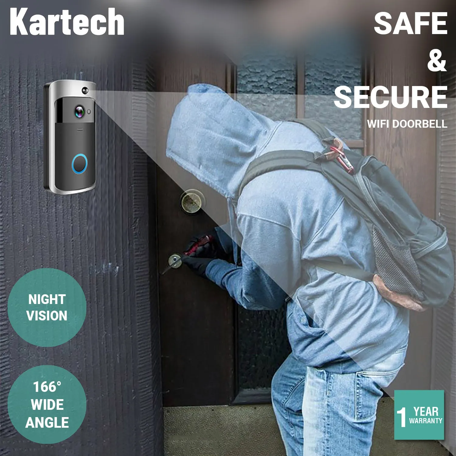 Kartech Wireless Door Bell Camera Smart Intercom Wifi Video Monitor Waterproof