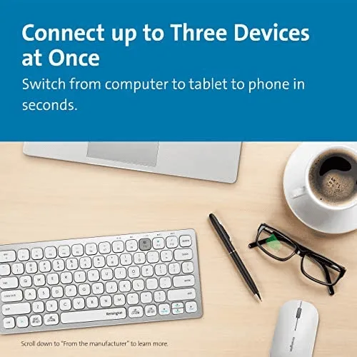 Kensington Compact Multi-Device Switchable Keyboard Wireless Bluetooth USB Silver White