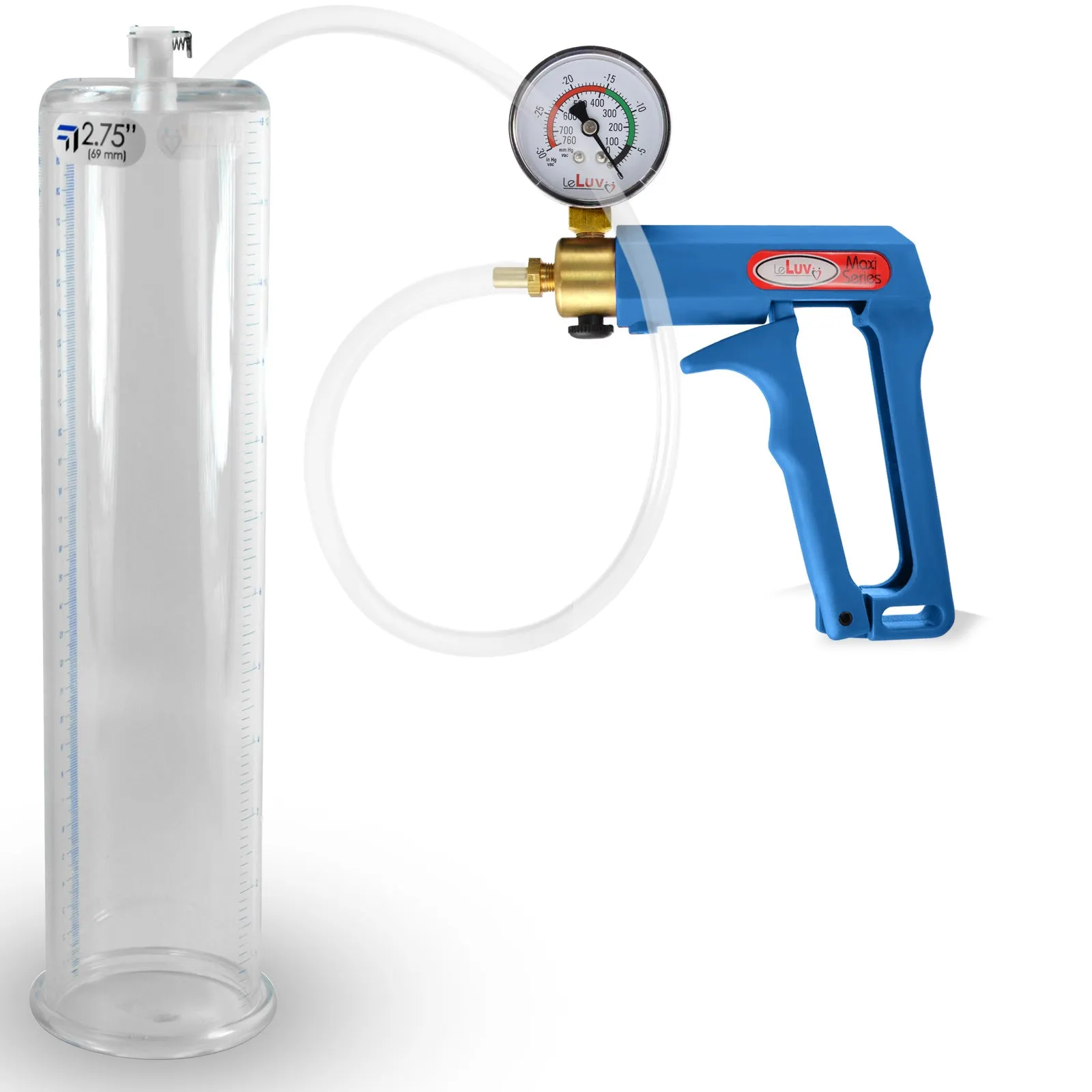 LeLuv Maxi Blue Penis Pump Clear Hose | Gauge/Protected Gauge | Round Flange Cylinder
