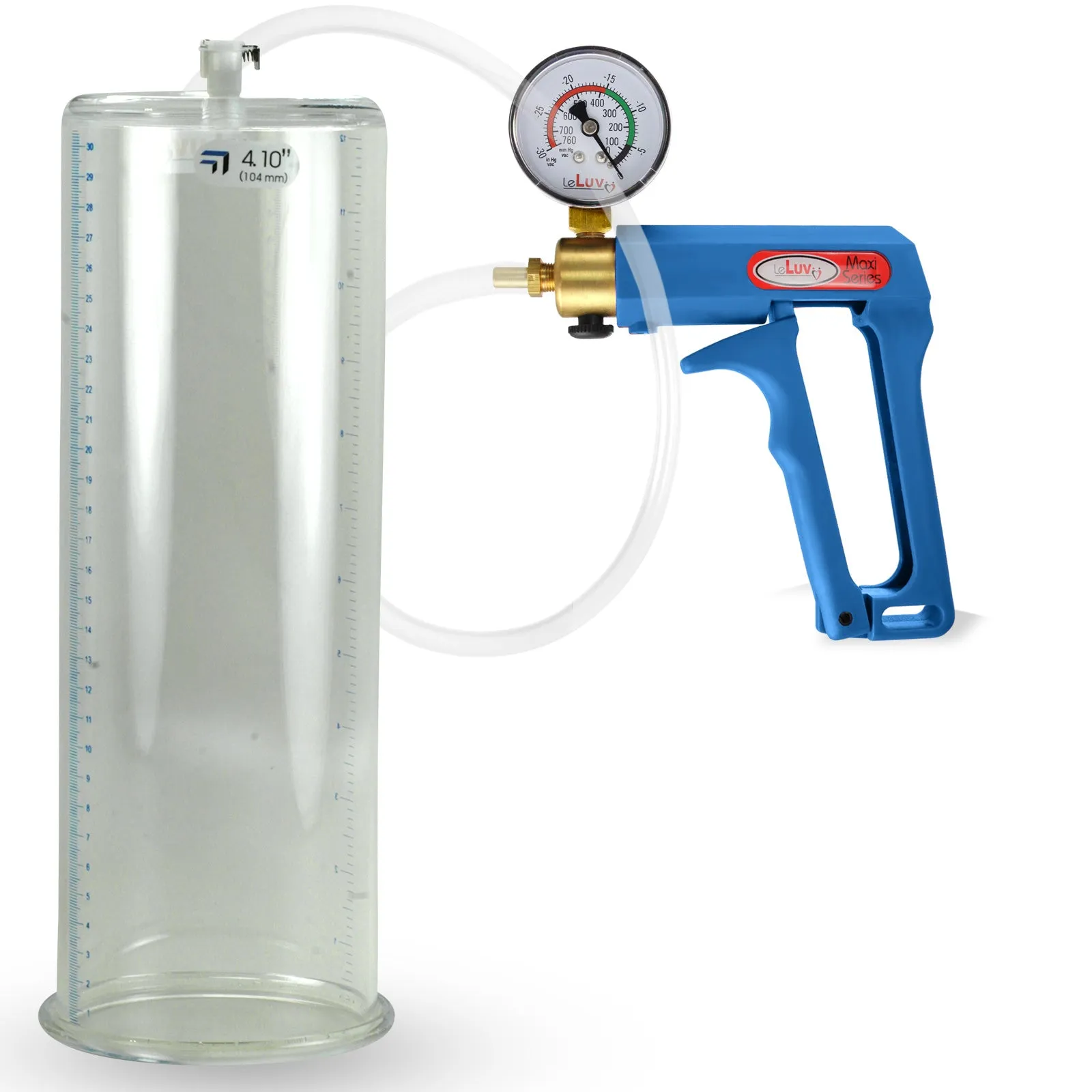 LeLuv Maxi Blue Penis Pump Clear Hose | Gauge/Protected Gauge | Round Flange Cylinder