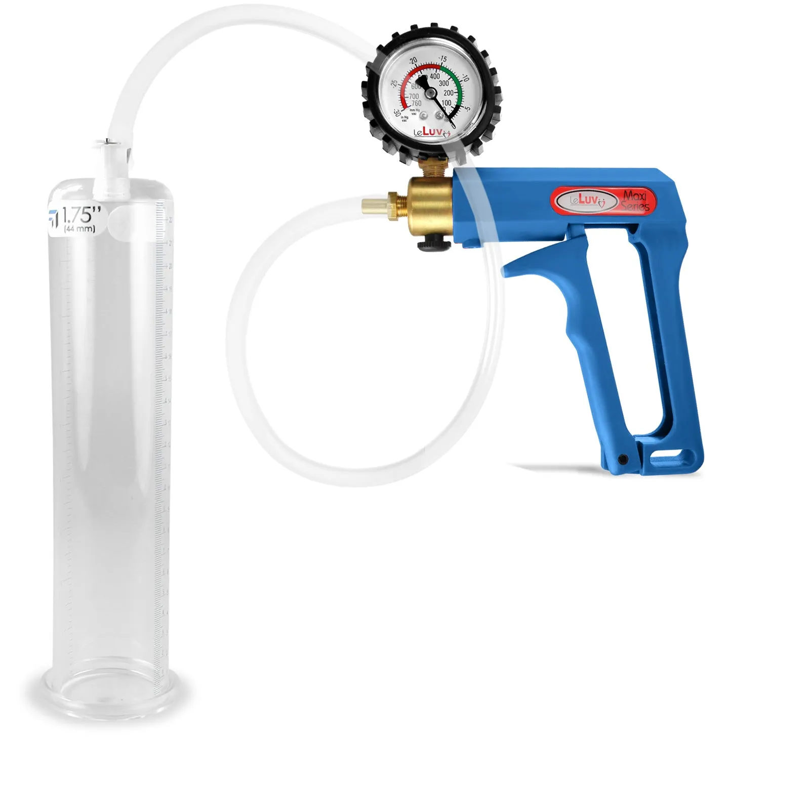 LeLuv Maxi Blue Penis Pump Clear Hose | Gauge/Protected Gauge | Round Flange Cylinder