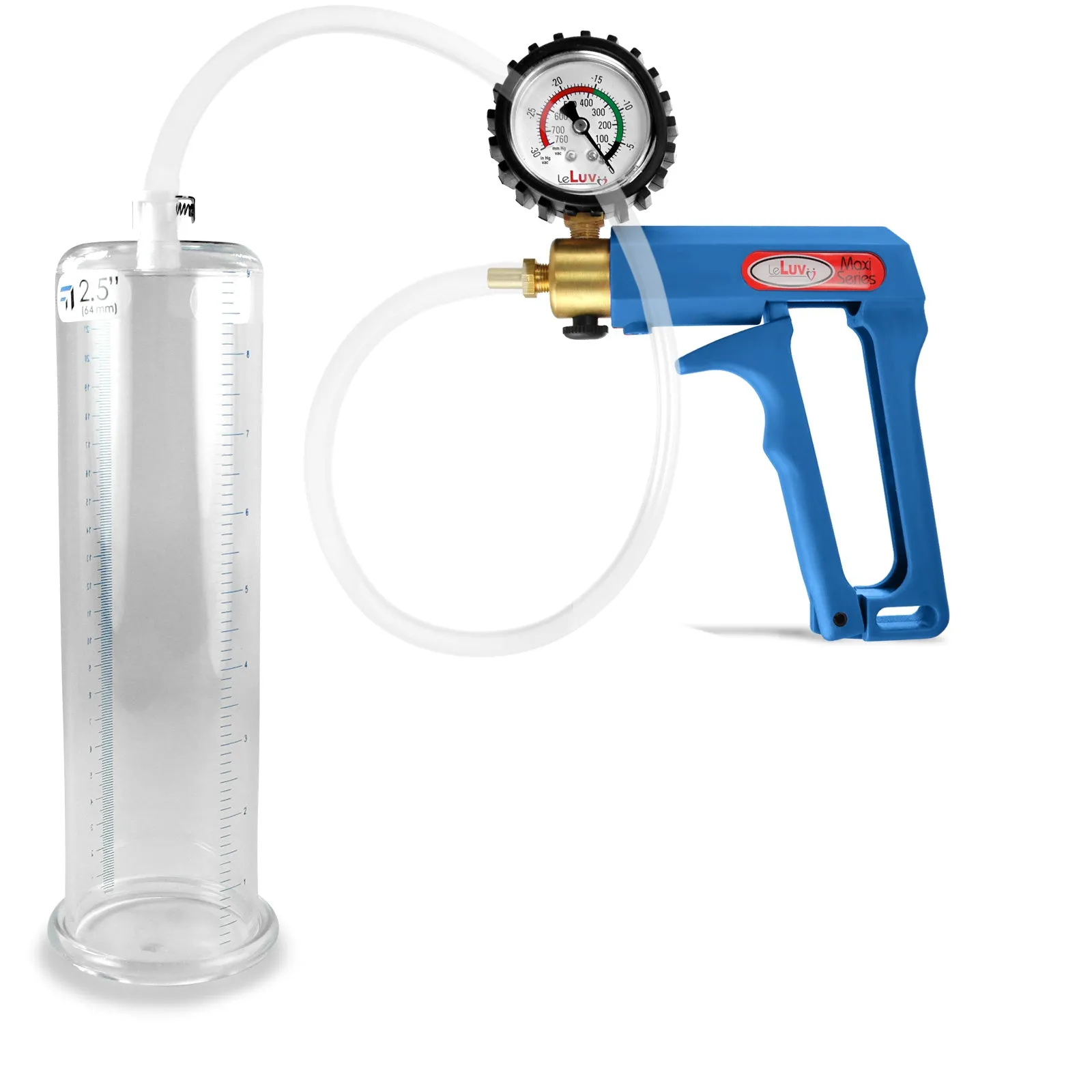 LeLuv Maxi Blue Penis Pump Clear Hose | Gauge/Protected Gauge | Round Flange Cylinder