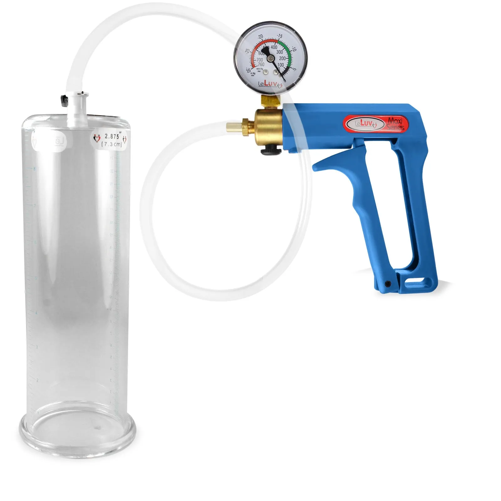 LeLuv Maxi Blue Penis Pump Clear Hose | Gauge/Protected Gauge | Round Flange Cylinder