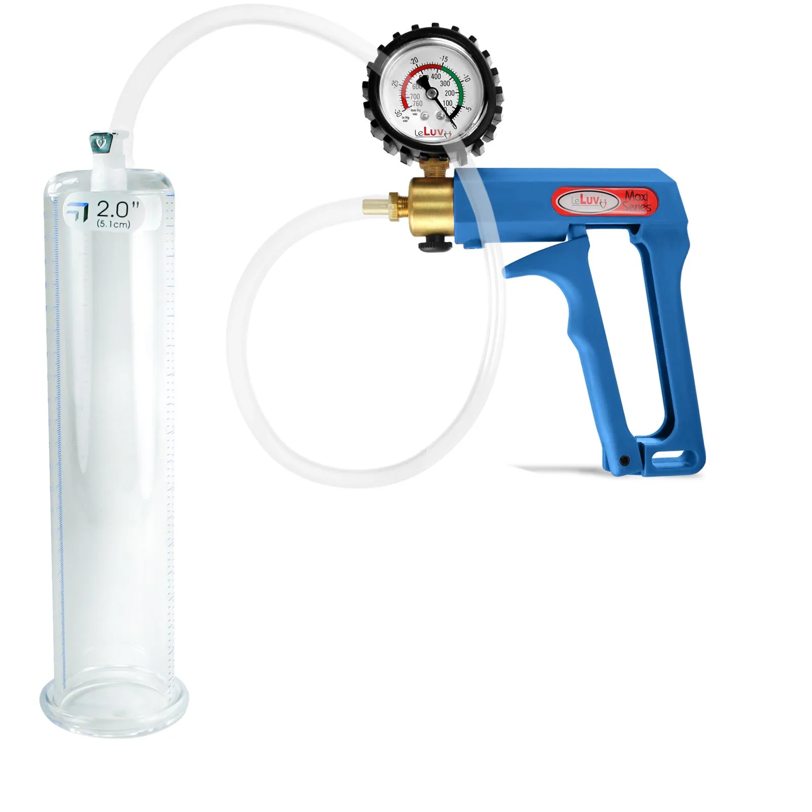 LeLuv Maxi Blue Penis Pump Clear Hose | Gauge/Protected Gauge | Round Flange Cylinder