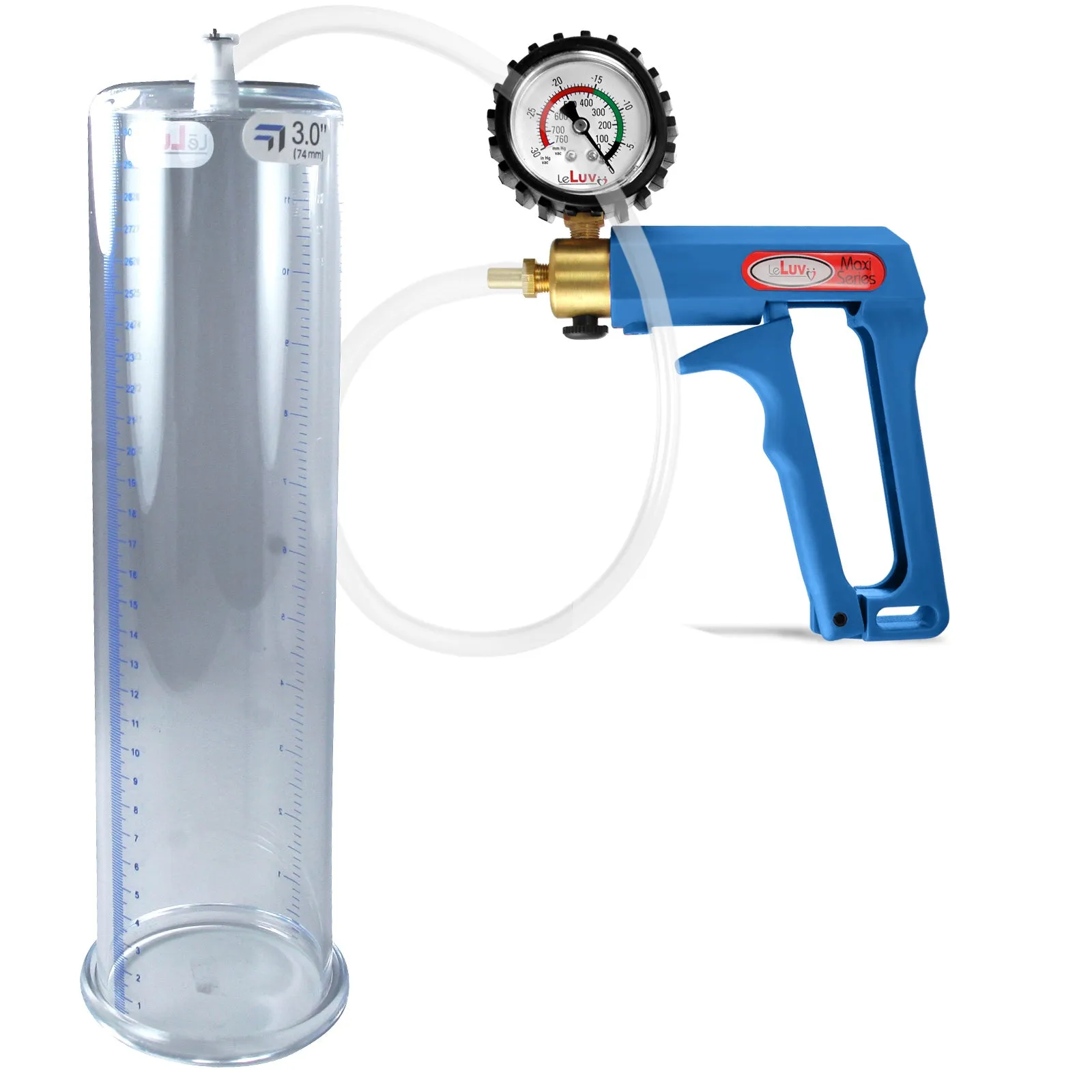 LeLuv Maxi Blue Penis Pump Clear Hose | Gauge/Protected Gauge | Round Flange Cylinder