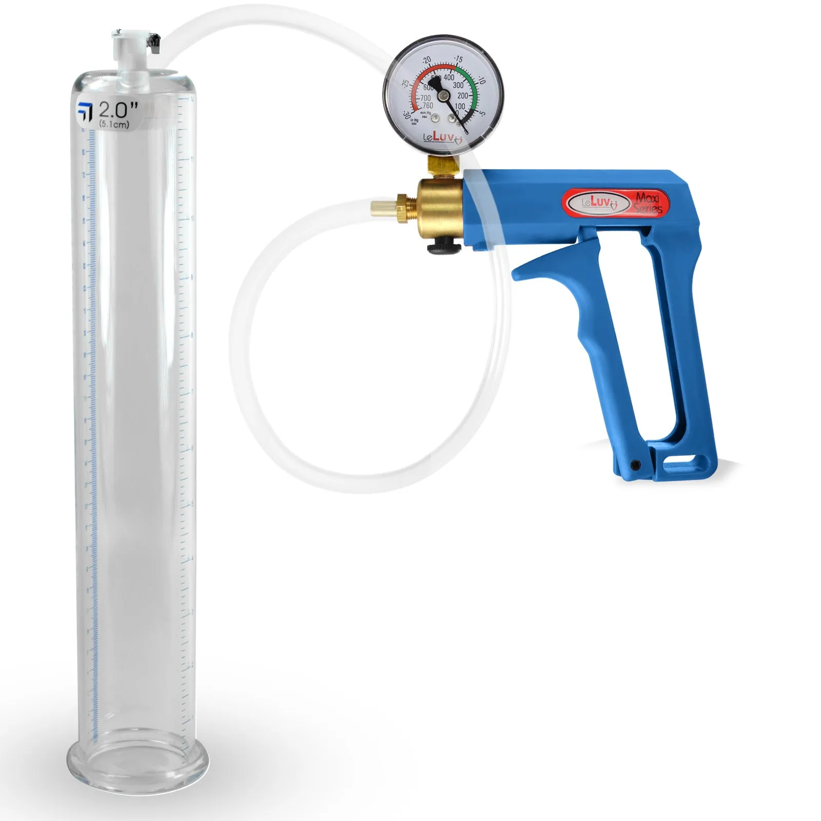 LeLuv Maxi Blue Penis Pump Clear Hose | Gauge/Protected Gauge | Round Flange Cylinder