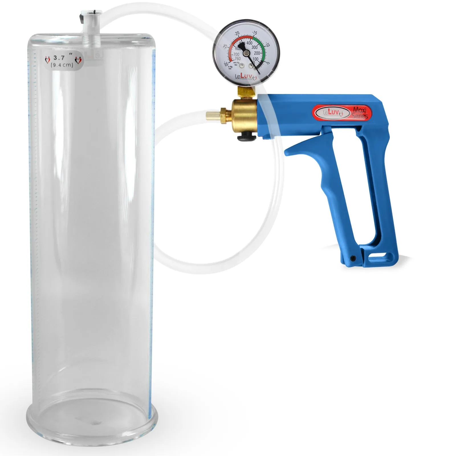 LeLuv Maxi Blue Penis Pump Clear Hose | Gauge/Protected Gauge | Round Flange Cylinder