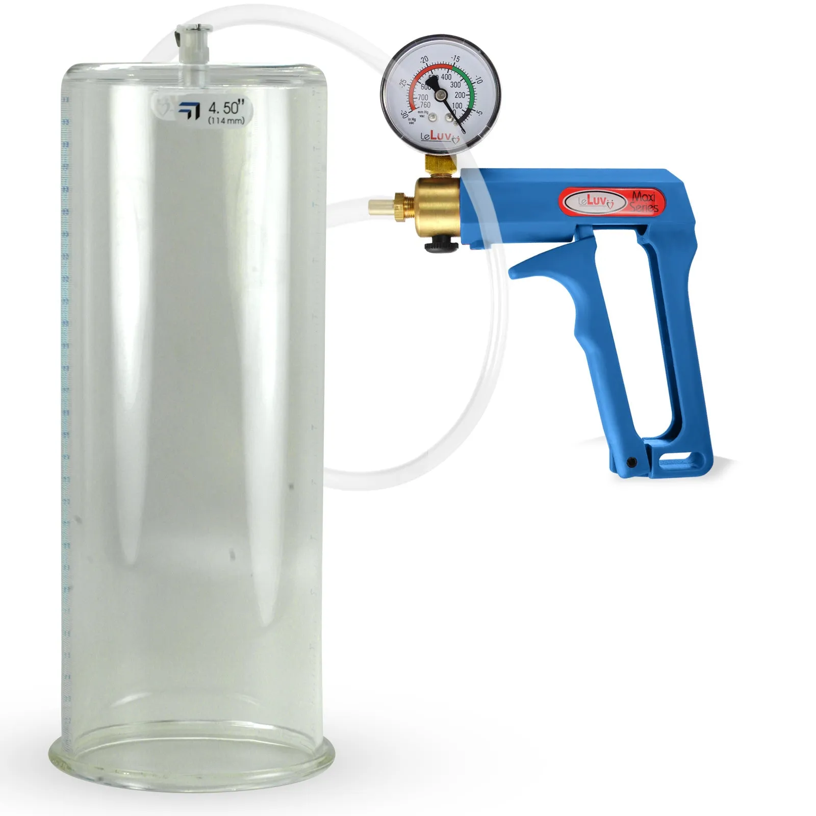 LeLuv Maxi Blue Penis Pump Clear Hose | Gauge/Protected Gauge | Round Flange Cylinder