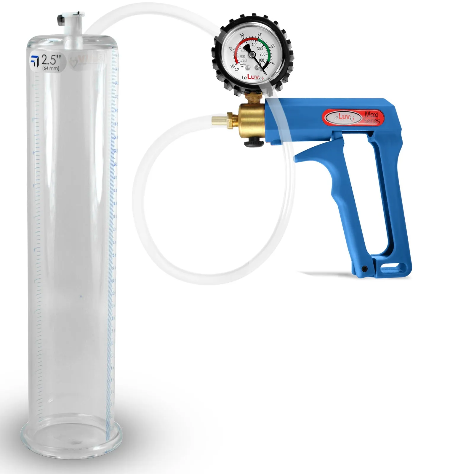 LeLuv Maxi Blue Penis Pump Clear Hose | Gauge/Protected Gauge | Round Flange Cylinder