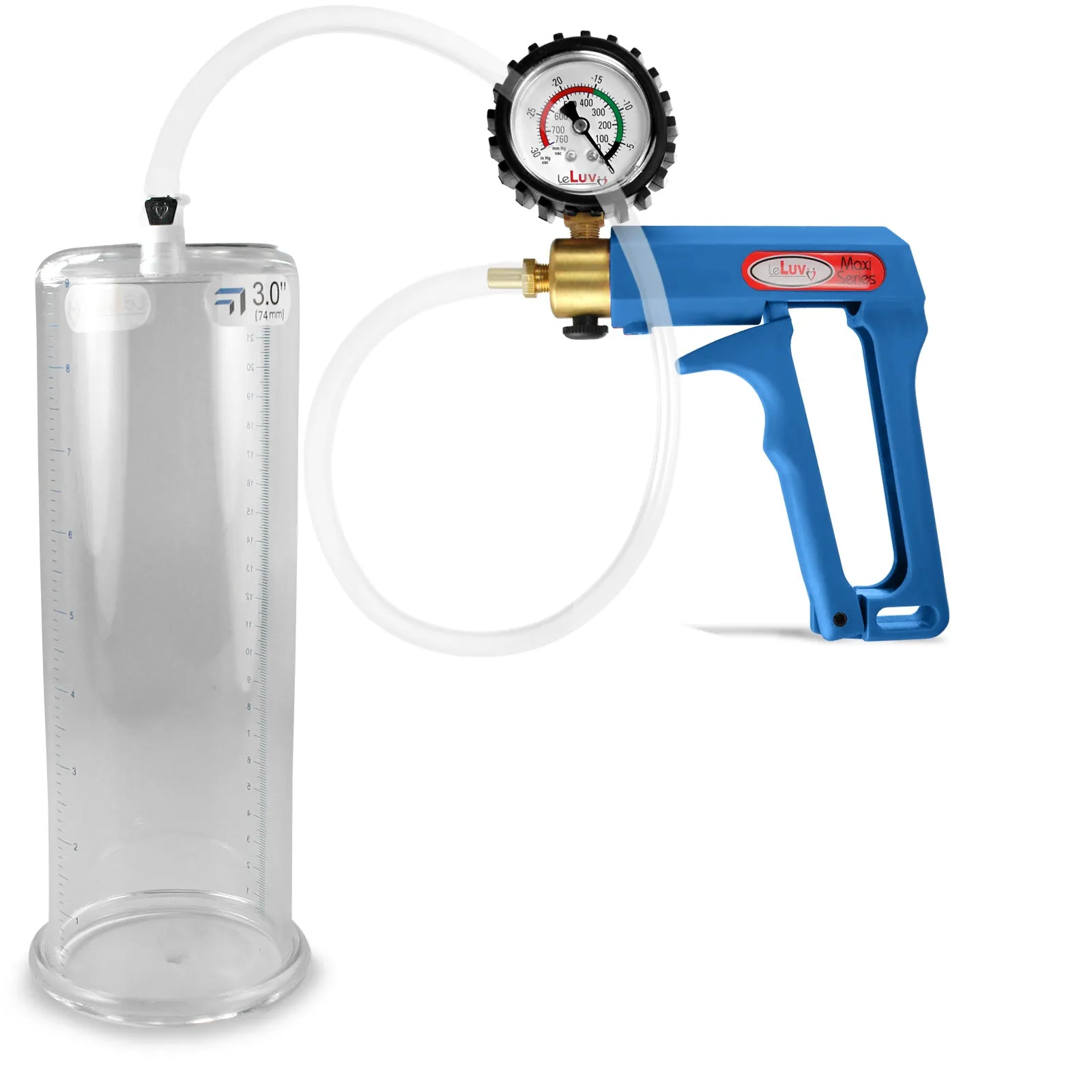 LeLuv Maxi Blue Penis Pump Clear Hose | Gauge/Protected Gauge | Round Flange Cylinder