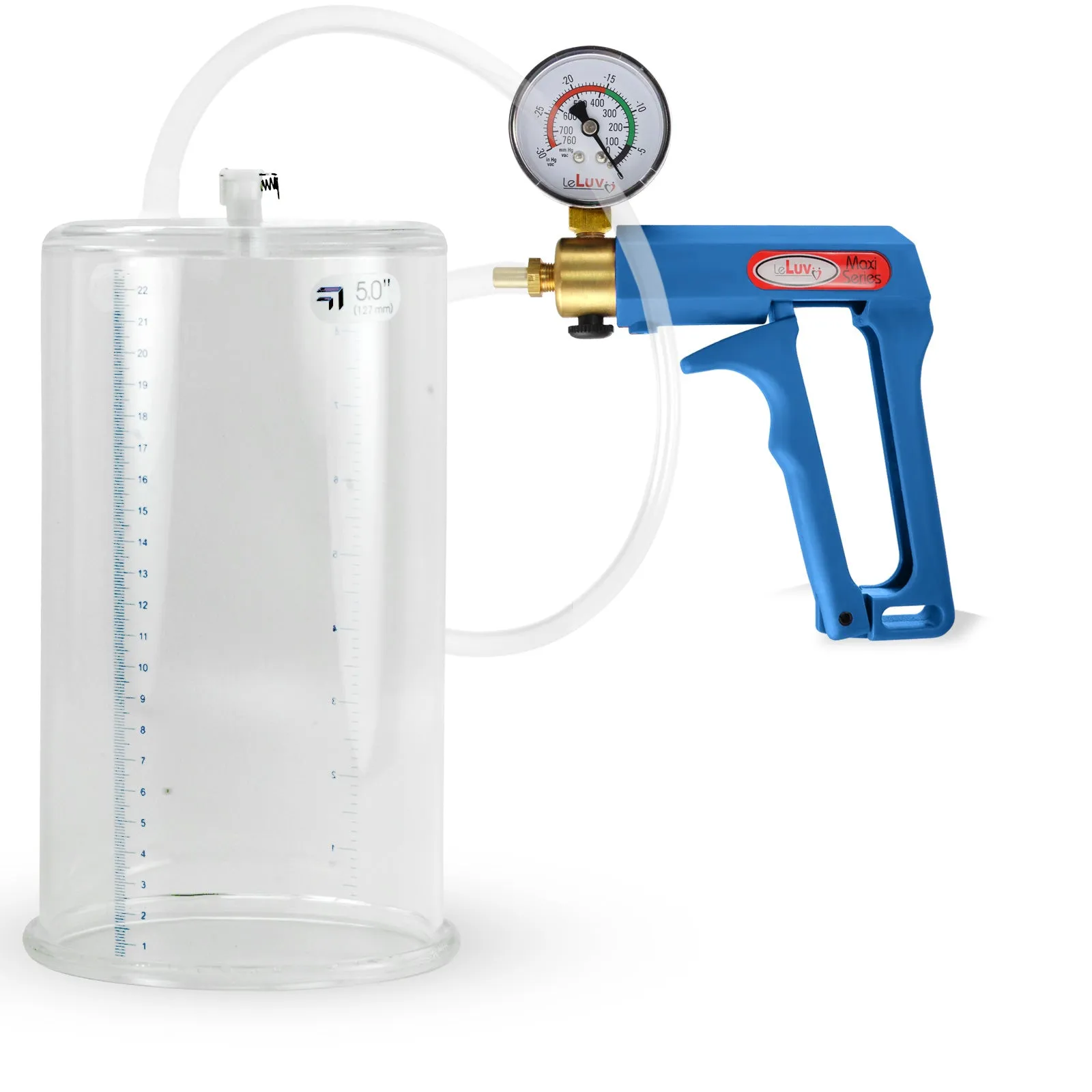 LeLuv Maxi Blue Penis Pump Clear Hose | Gauge/Protected Gauge | Round Flange Cylinder