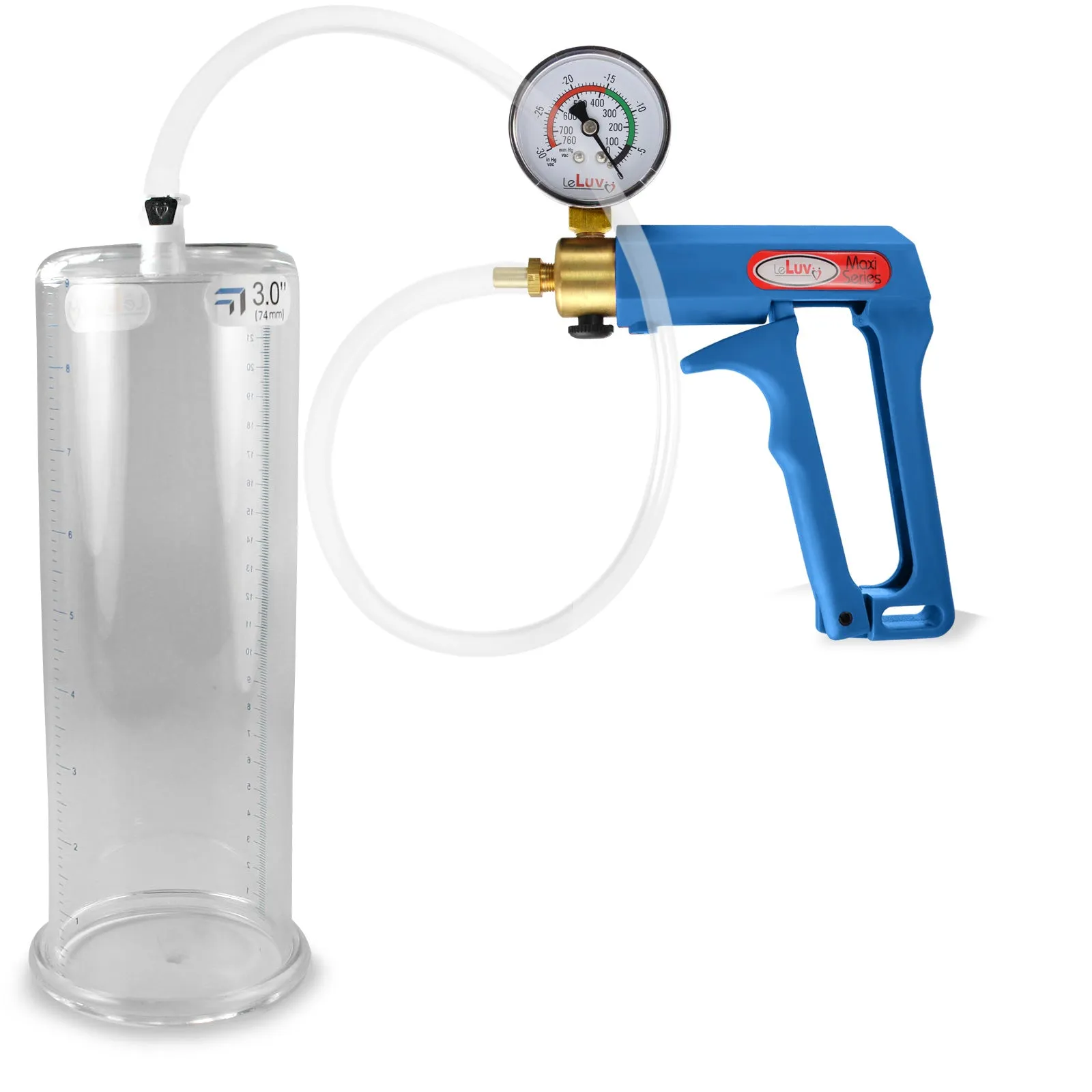 LeLuv Maxi Blue Penis Pump Clear Hose | Gauge/Protected Gauge | Round Flange Cylinder