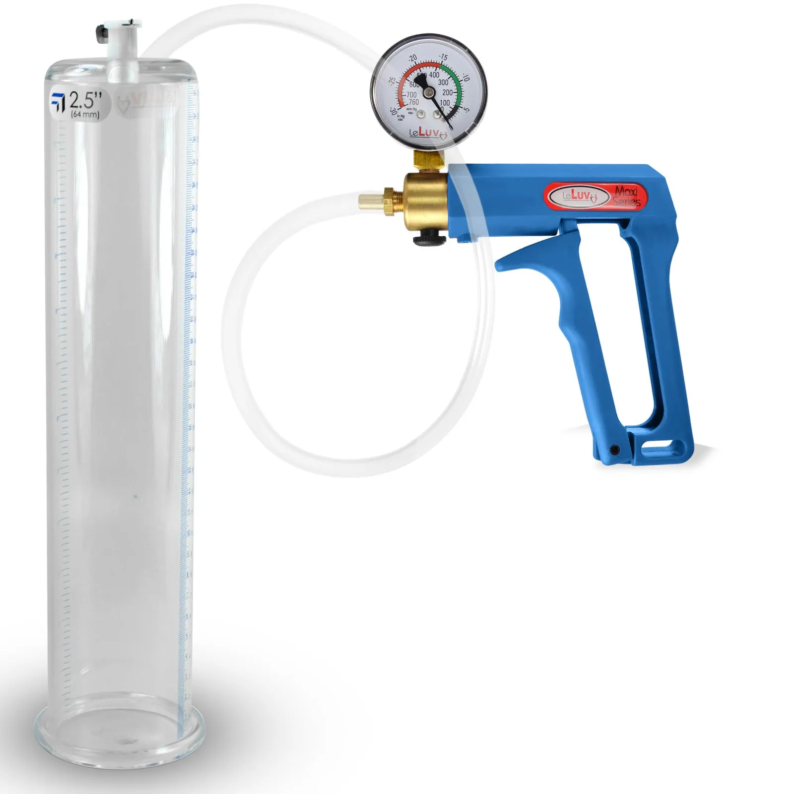 LeLuv Maxi Blue Penis Pump Clear Hose | Gauge/Protected Gauge | Round Flange Cylinder