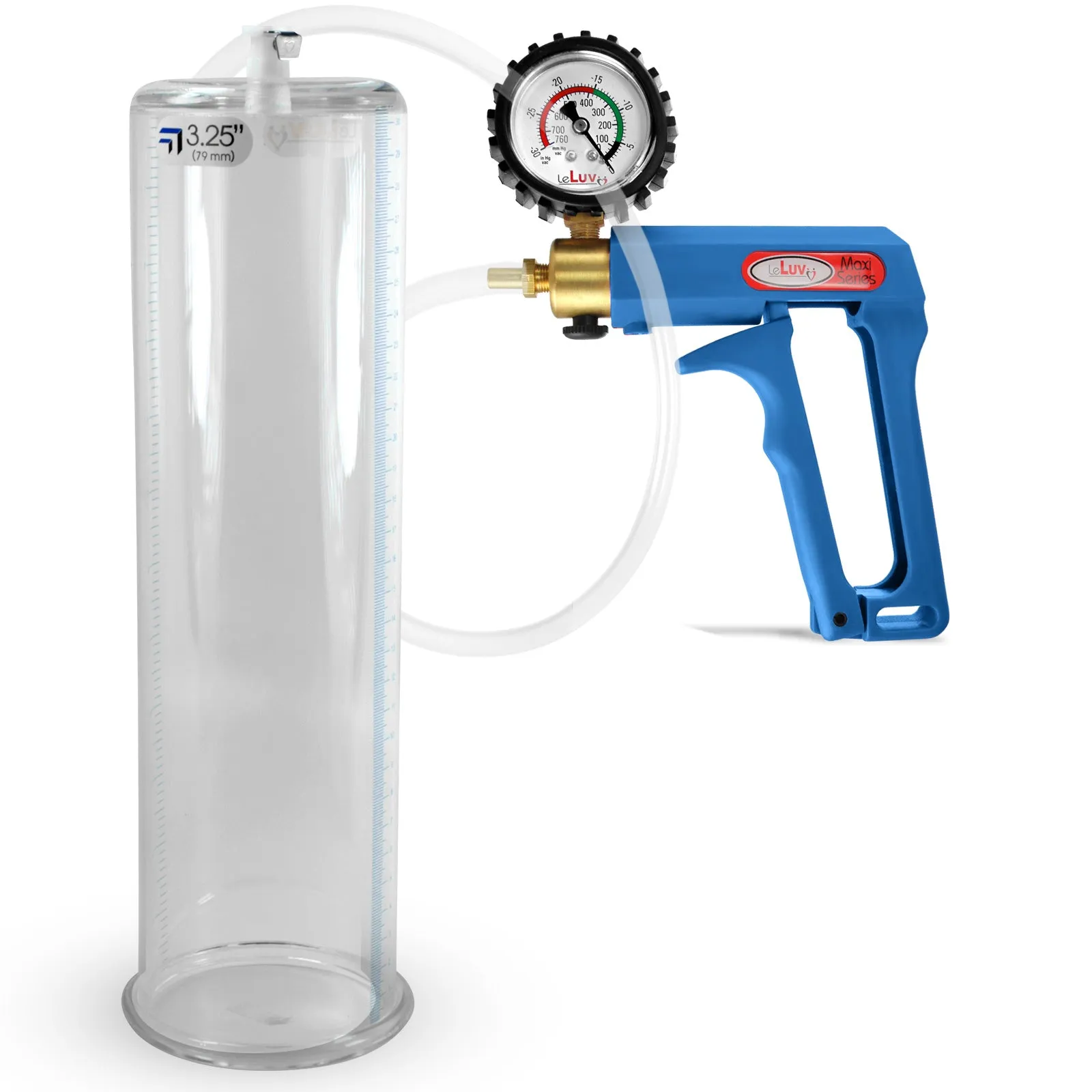 LeLuv Maxi Blue Penis Pump Clear Hose | Gauge/Protected Gauge | Round Flange Cylinder