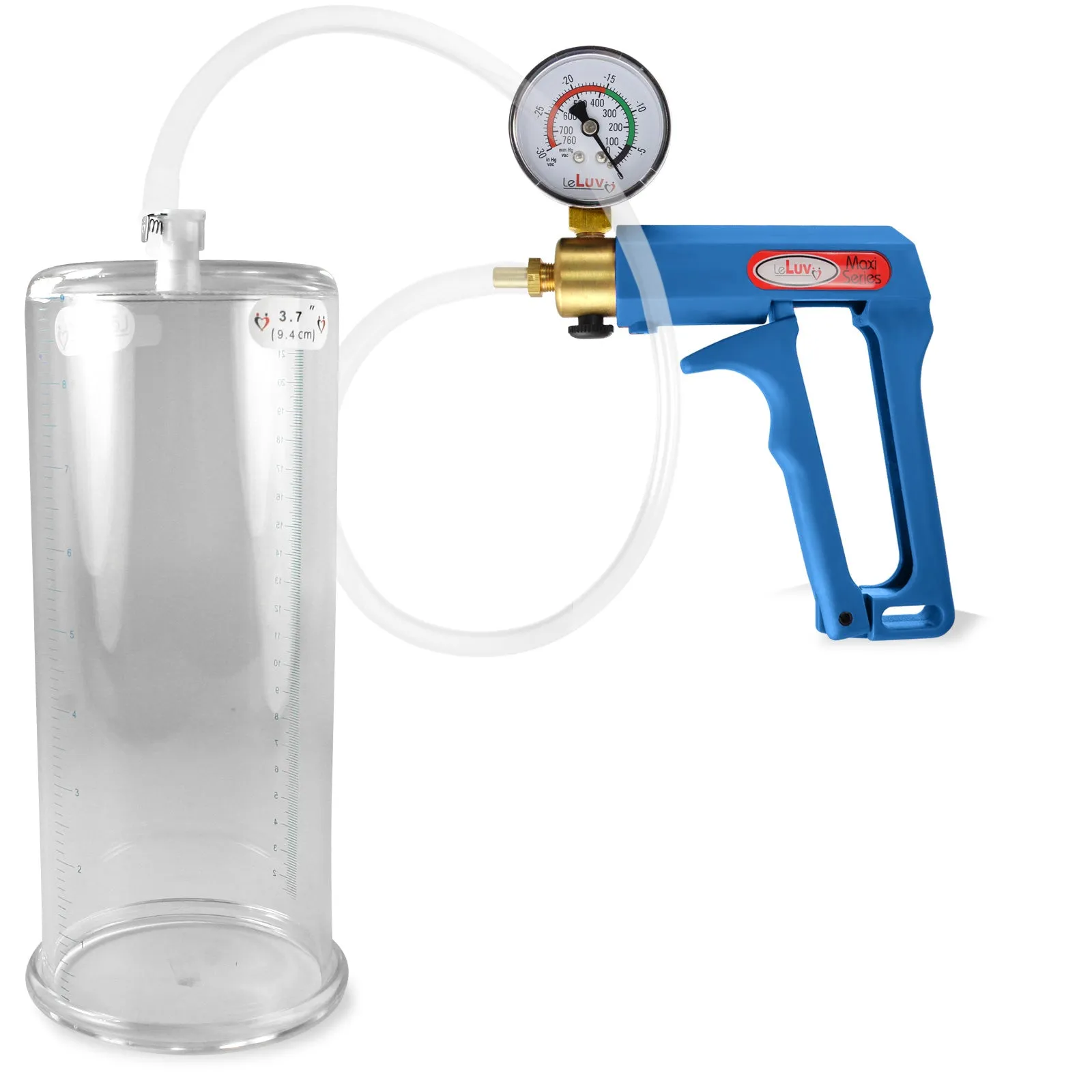 LeLuv Maxi Blue Penis Pump Clear Hose | Gauge/Protected Gauge | Round Flange Cylinder