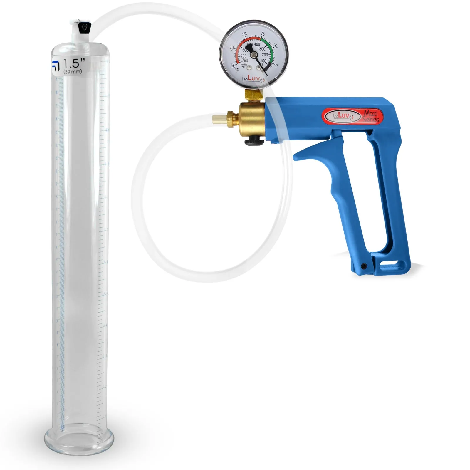 LeLuv Maxi Blue Penis Pump Clear Hose | Gauge/Protected Gauge | Round Flange Cylinder