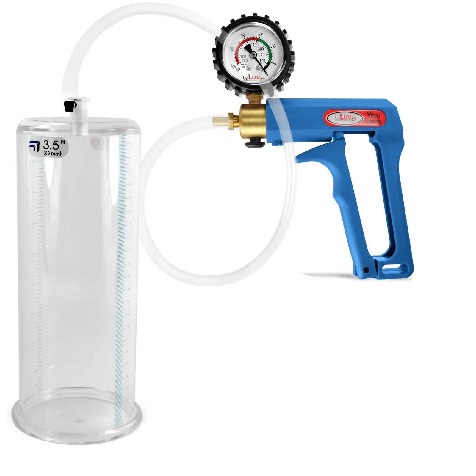 LeLuv Maxi Blue Penis Pump Clear Hose | Gauge/Protected Gauge | Round Flange Cylinder