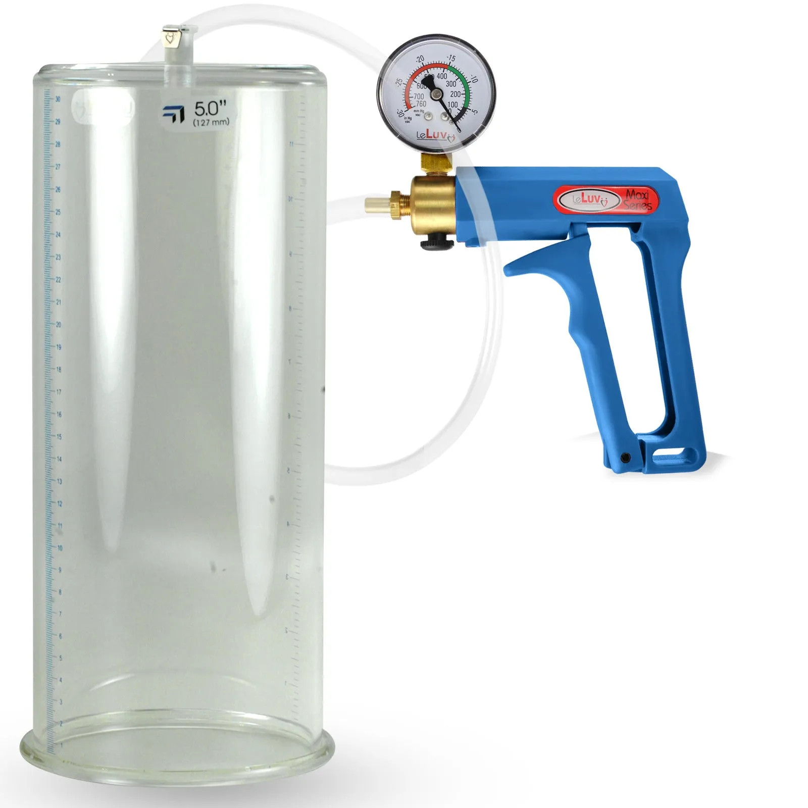 LeLuv Maxi Blue Penis Pump Clear Hose | Gauge/Protected Gauge | Round Flange Cylinder
