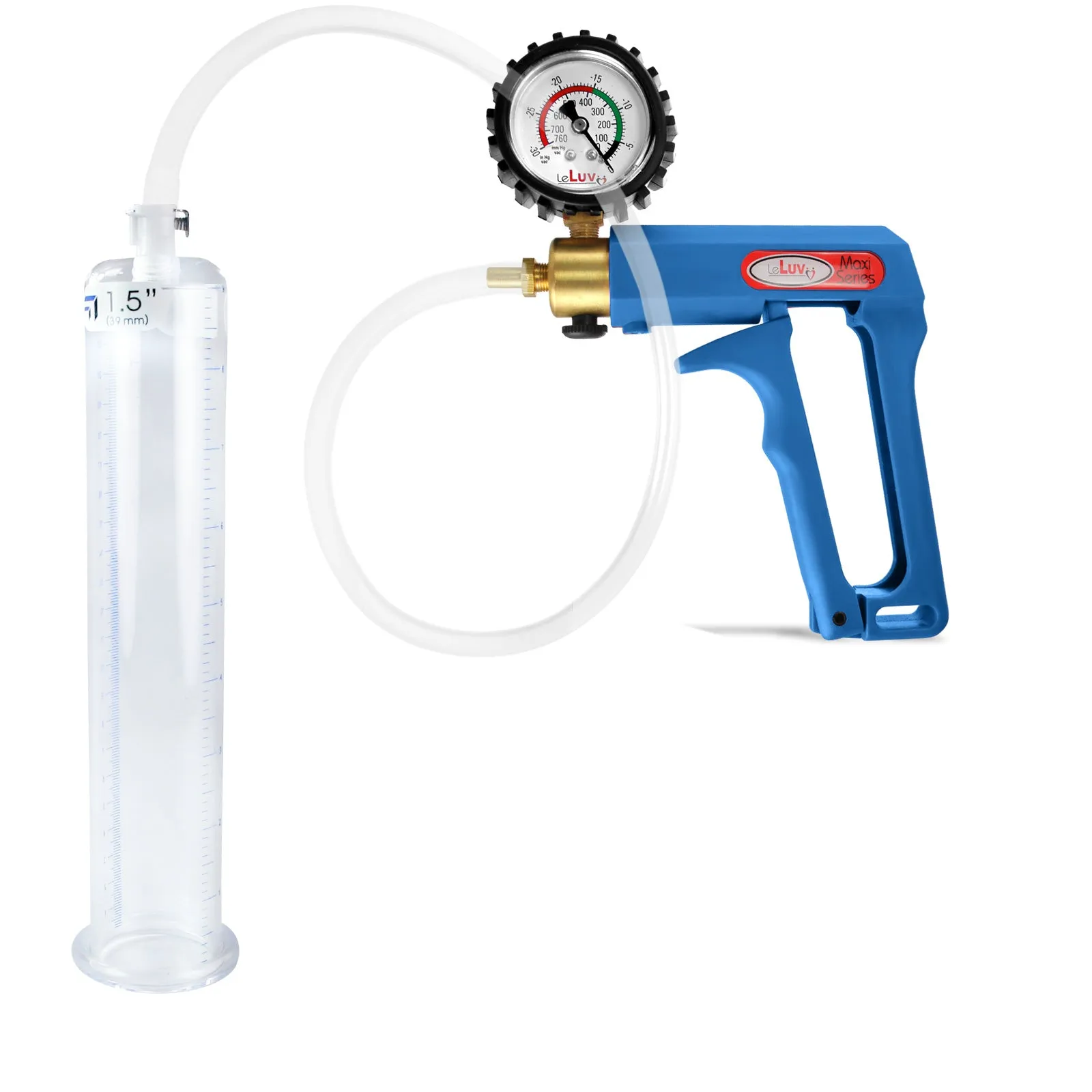LeLuv Maxi Blue Penis Pump Clear Hose | Gauge/Protected Gauge | Round Flange Cylinder