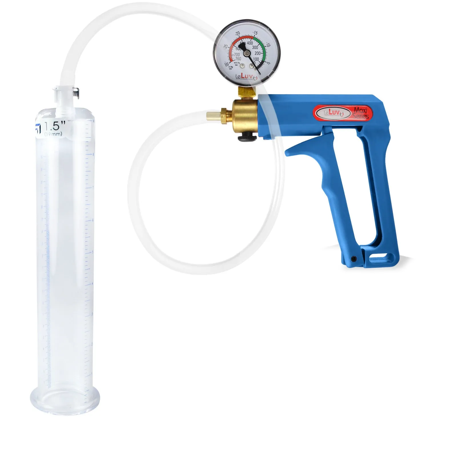 LeLuv Maxi Blue Penis Pump Clear Hose | Gauge/Protected Gauge | Round Flange Cylinder