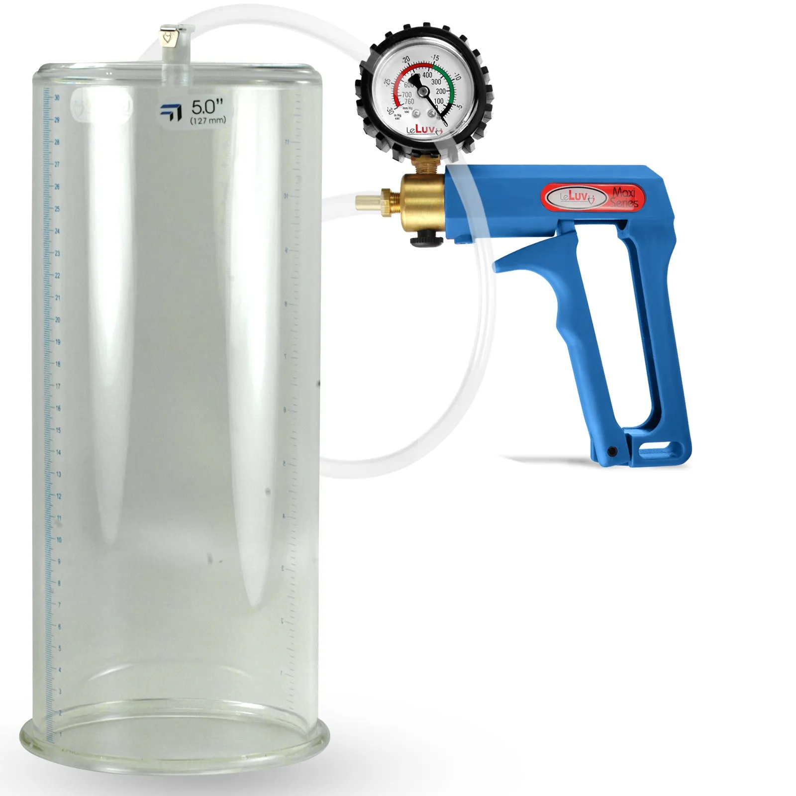 LeLuv Maxi Blue Penis Pump Clear Hose | Gauge/Protected Gauge | Round Flange Cylinder