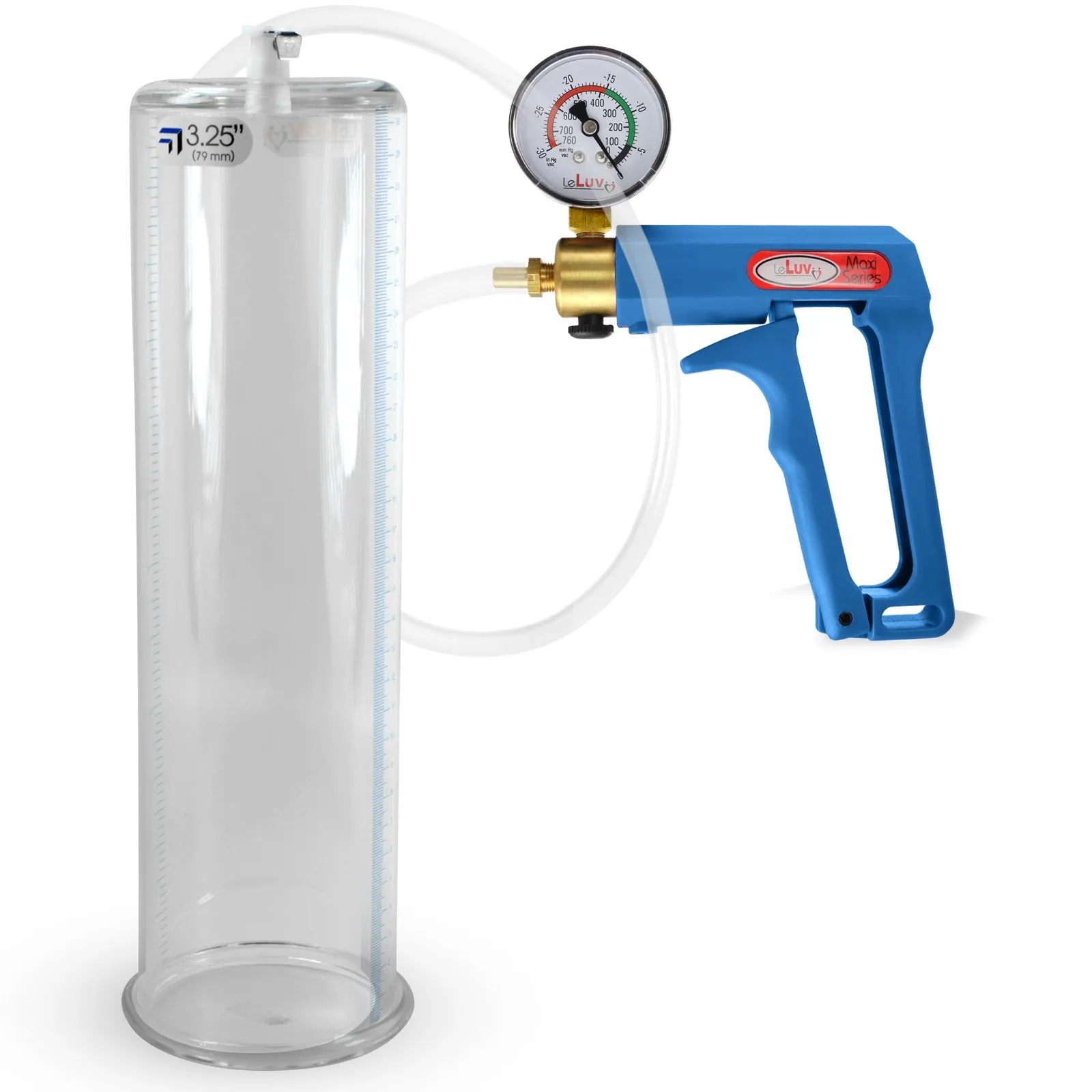 LeLuv Maxi Blue Penis Pump Clear Hose | Gauge/Protected Gauge | Round Flange Cylinder