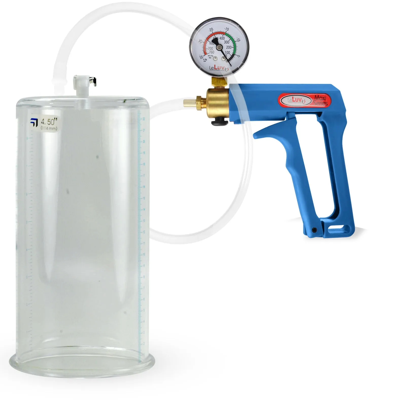 LeLuv Maxi Blue Penis Pump Clear Hose | Gauge/Protected Gauge | Round Flange Cylinder