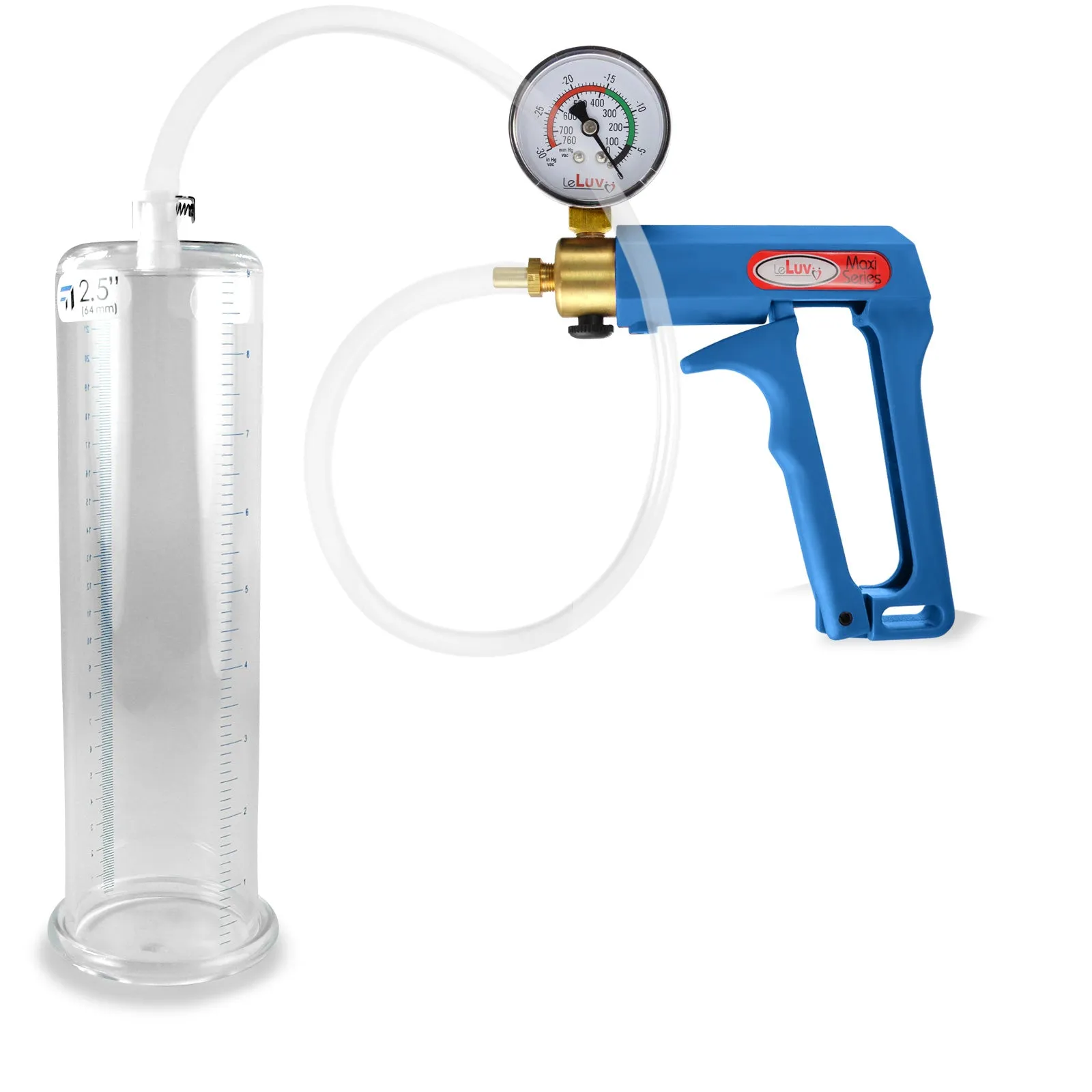 LeLuv Maxi Blue Penis Pump Clear Hose | Gauge/Protected Gauge | Round Flange Cylinder