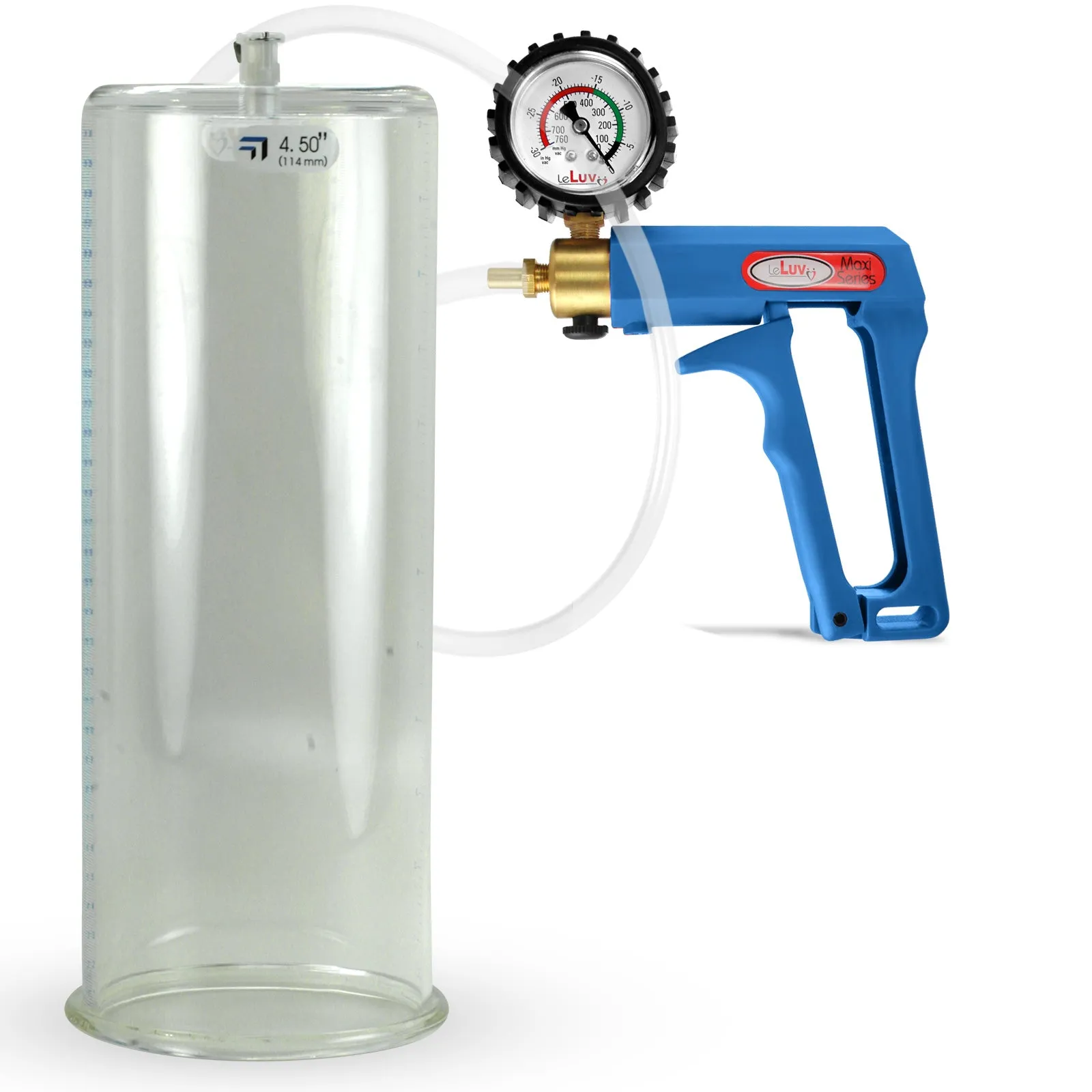 LeLuv Maxi Blue Penis Pump Clear Hose | Gauge/Protected Gauge | Round Flange Cylinder