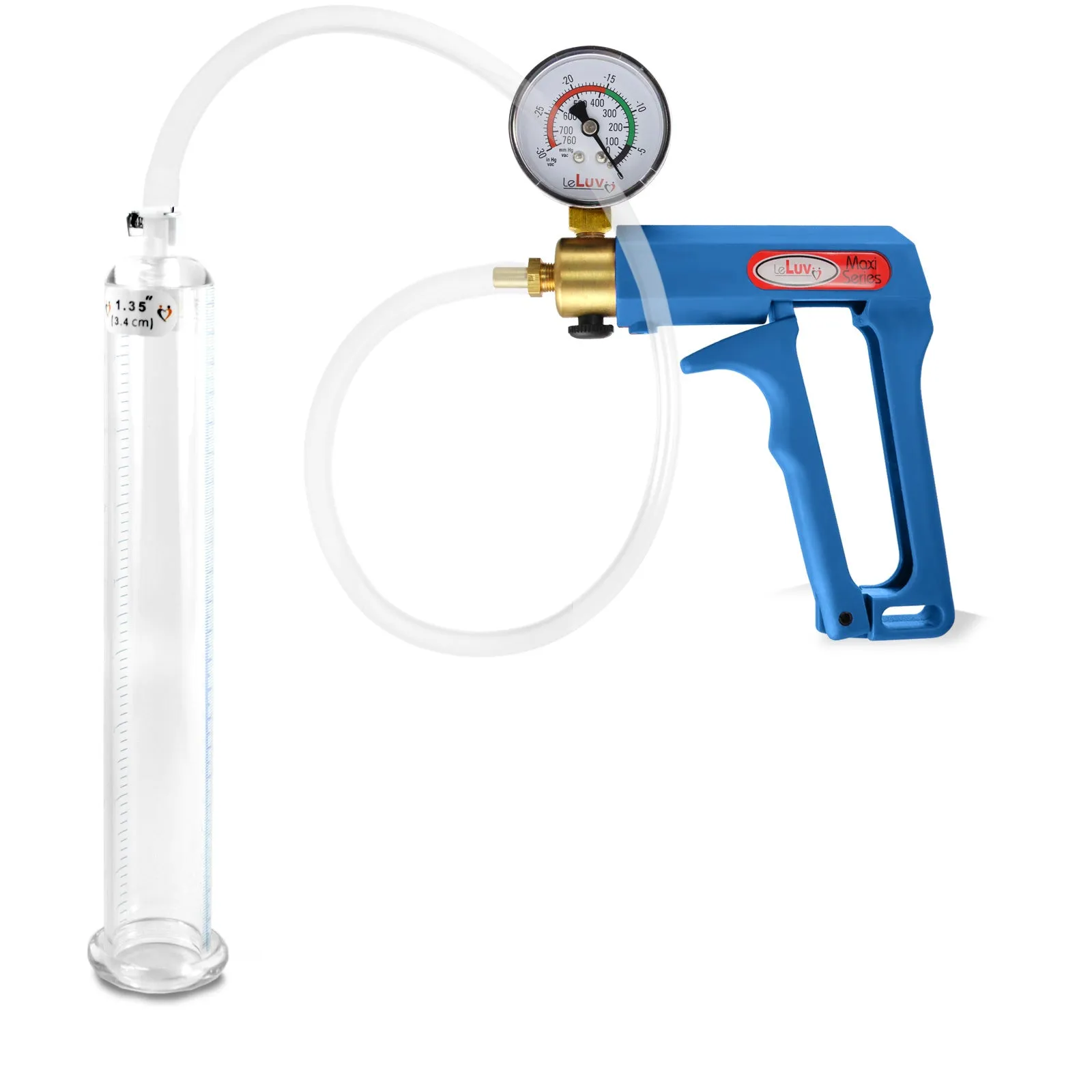 LeLuv Maxi Blue Penis Pump Clear Hose | Gauge/Protected Gauge | Round Flange Cylinder
