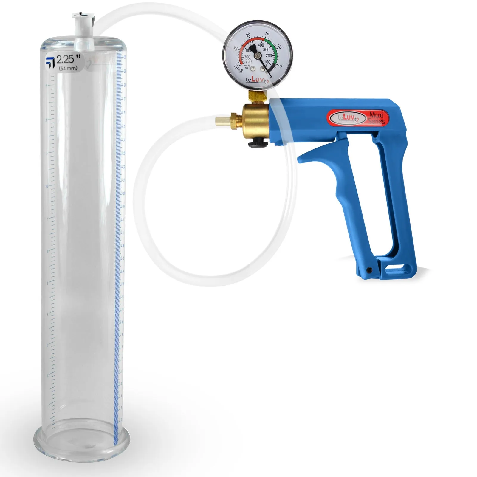 LeLuv Maxi Blue Penis Pump Clear Hose | Gauge/Protected Gauge | Round Flange Cylinder