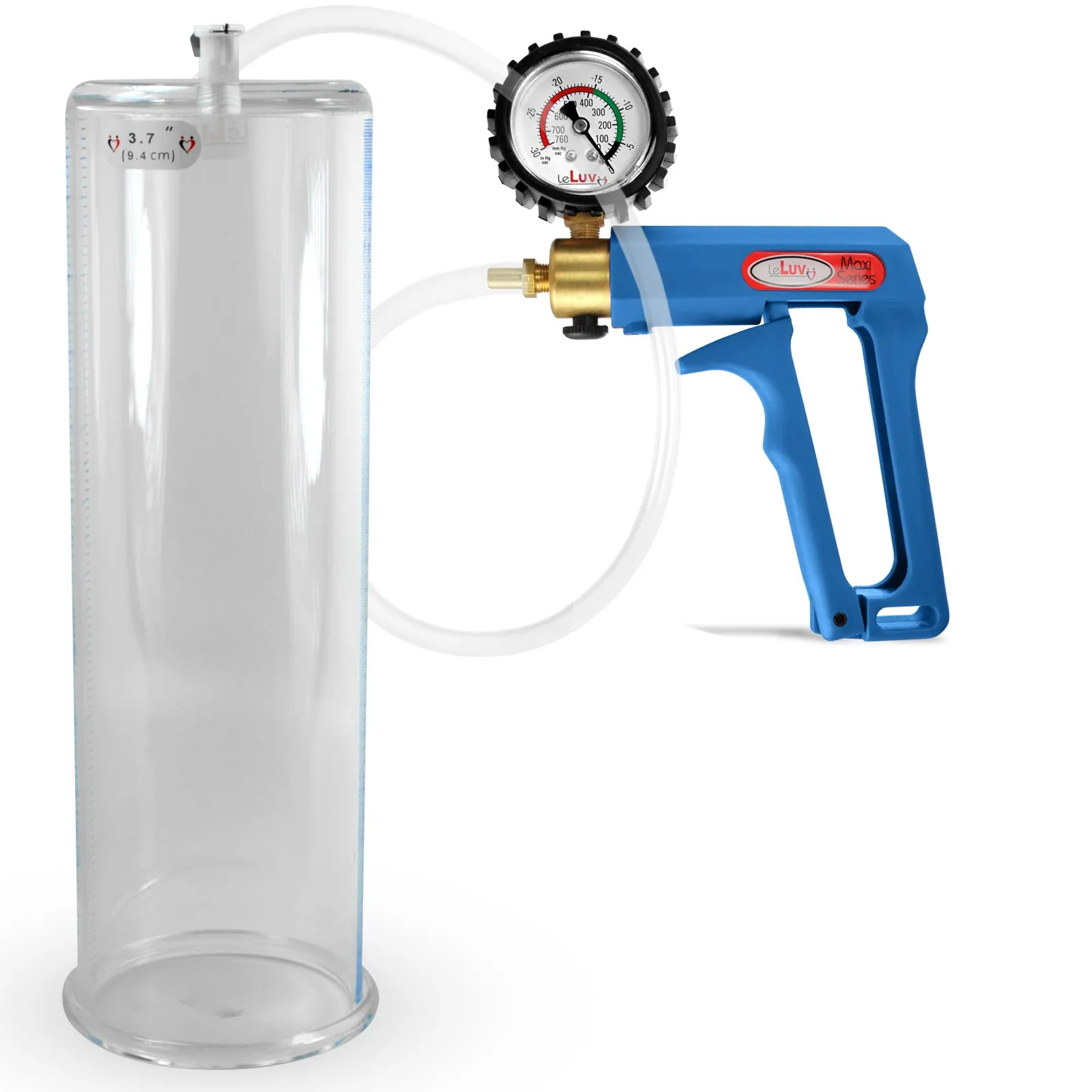 LeLuv Maxi Blue Penis Pump Clear Hose | Gauge/Protected Gauge | Round Flange Cylinder