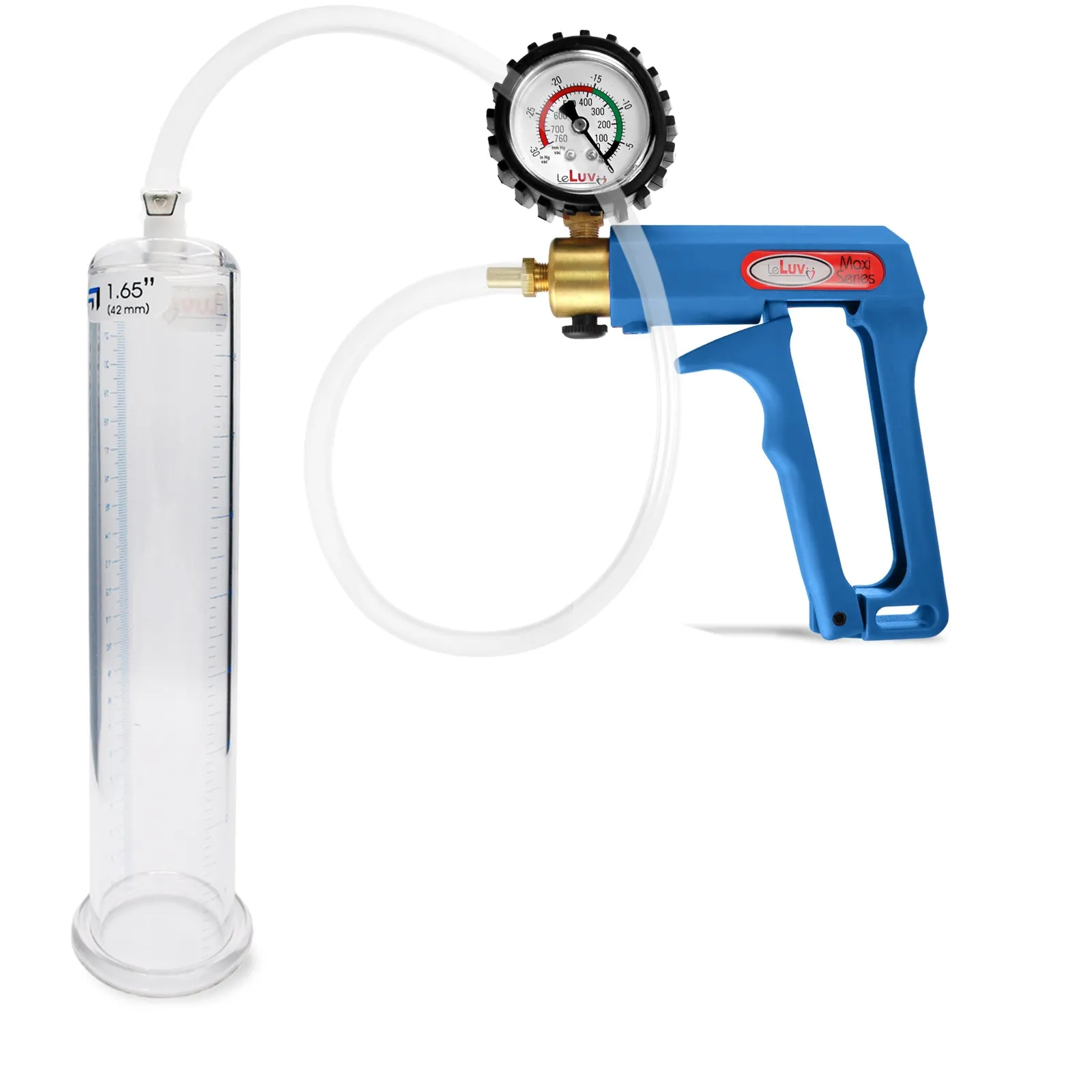 LeLuv Maxi Blue Penis Pump Clear Hose | Gauge/Protected Gauge | Round Flange Cylinder
