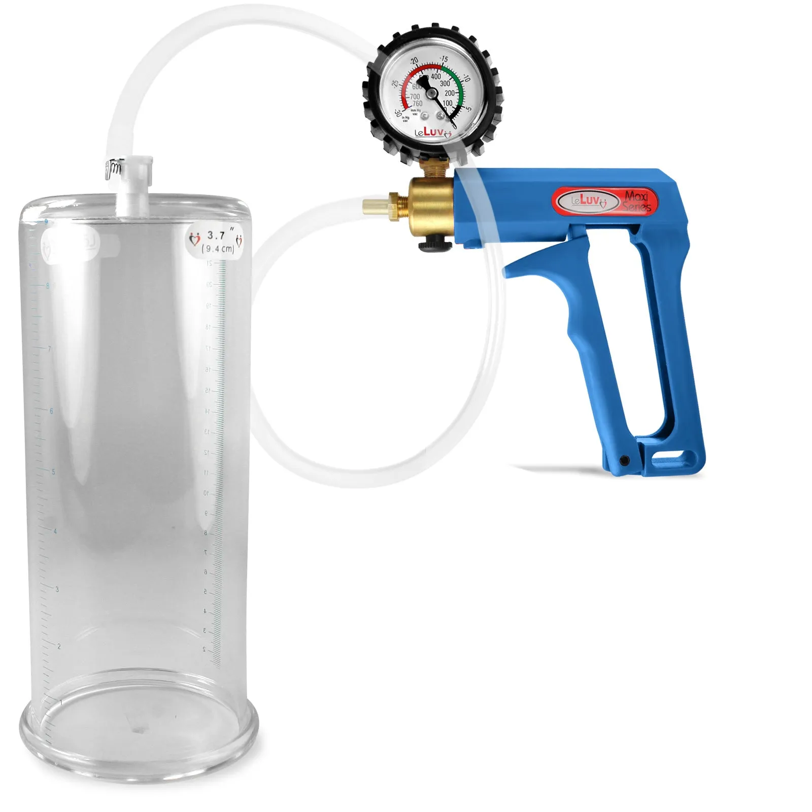 LeLuv Maxi Blue Penis Pump Clear Hose | Gauge/Protected Gauge | Round Flange Cylinder