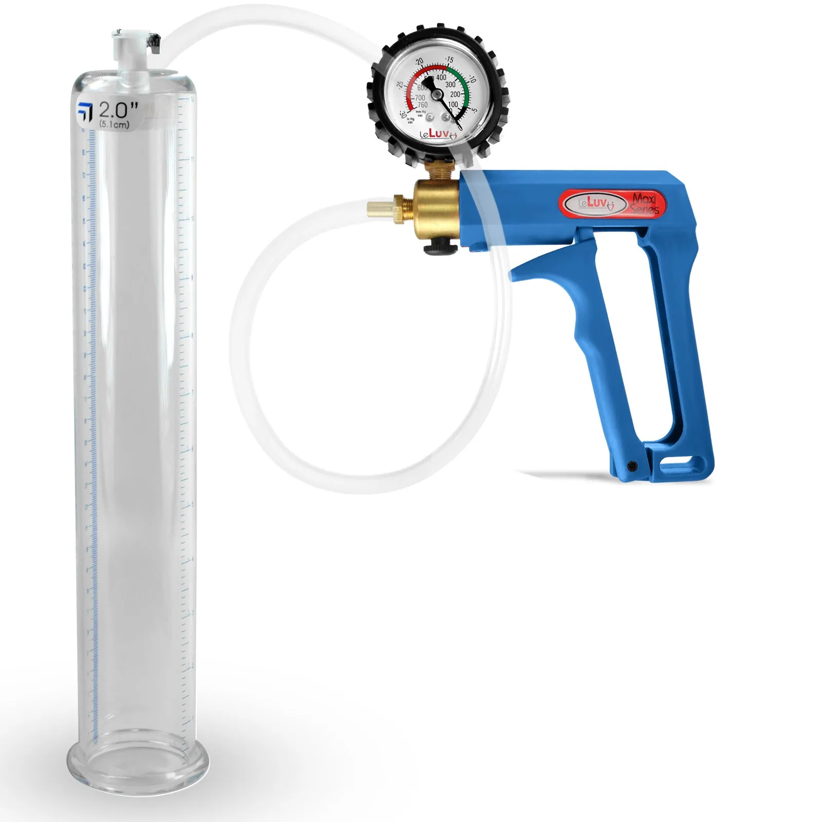 LeLuv Maxi Blue Penis Pump Clear Hose | Gauge/Protected Gauge | Round Flange Cylinder