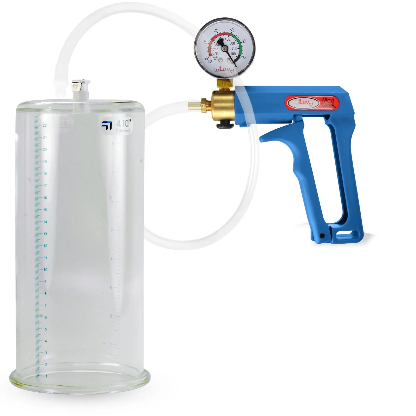 LeLuv Maxi Blue Penis Pump Clear Hose | Gauge/Protected Gauge | Round Flange Cylinder