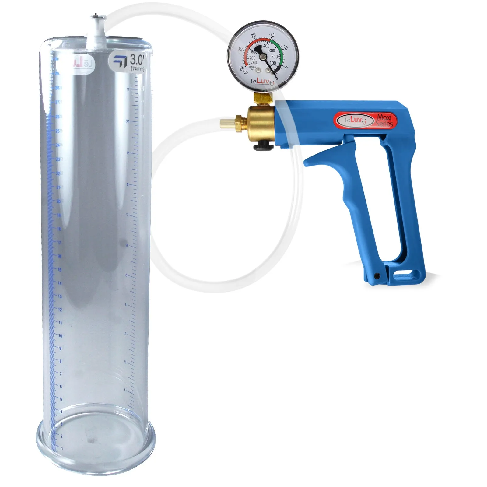 LeLuv Maxi Blue Penis Pump Clear Hose | Gauge/Protected Gauge | Round Flange Cylinder