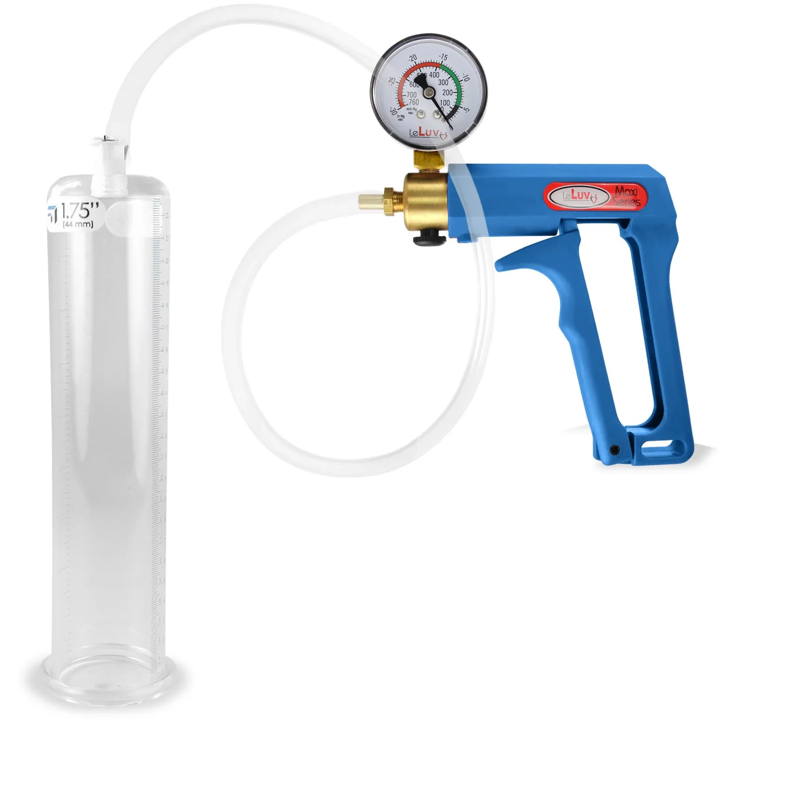 LeLuv Maxi Blue Penis Pump Clear Hose | Gauge/Protected Gauge | Round Flange Cylinder